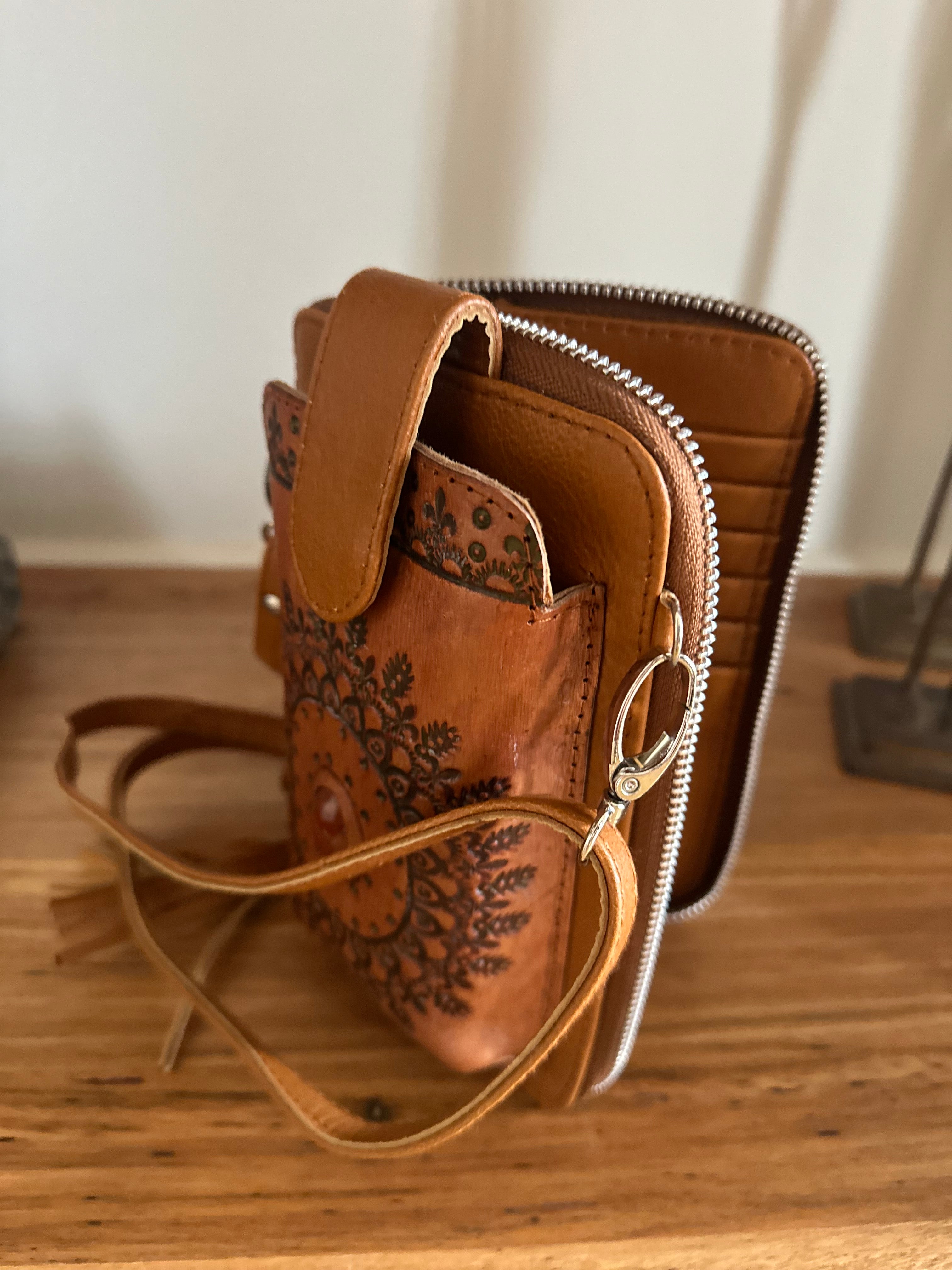 Handmade tooled leather wallet bag with detailed phone holder and real stone detail - Tan