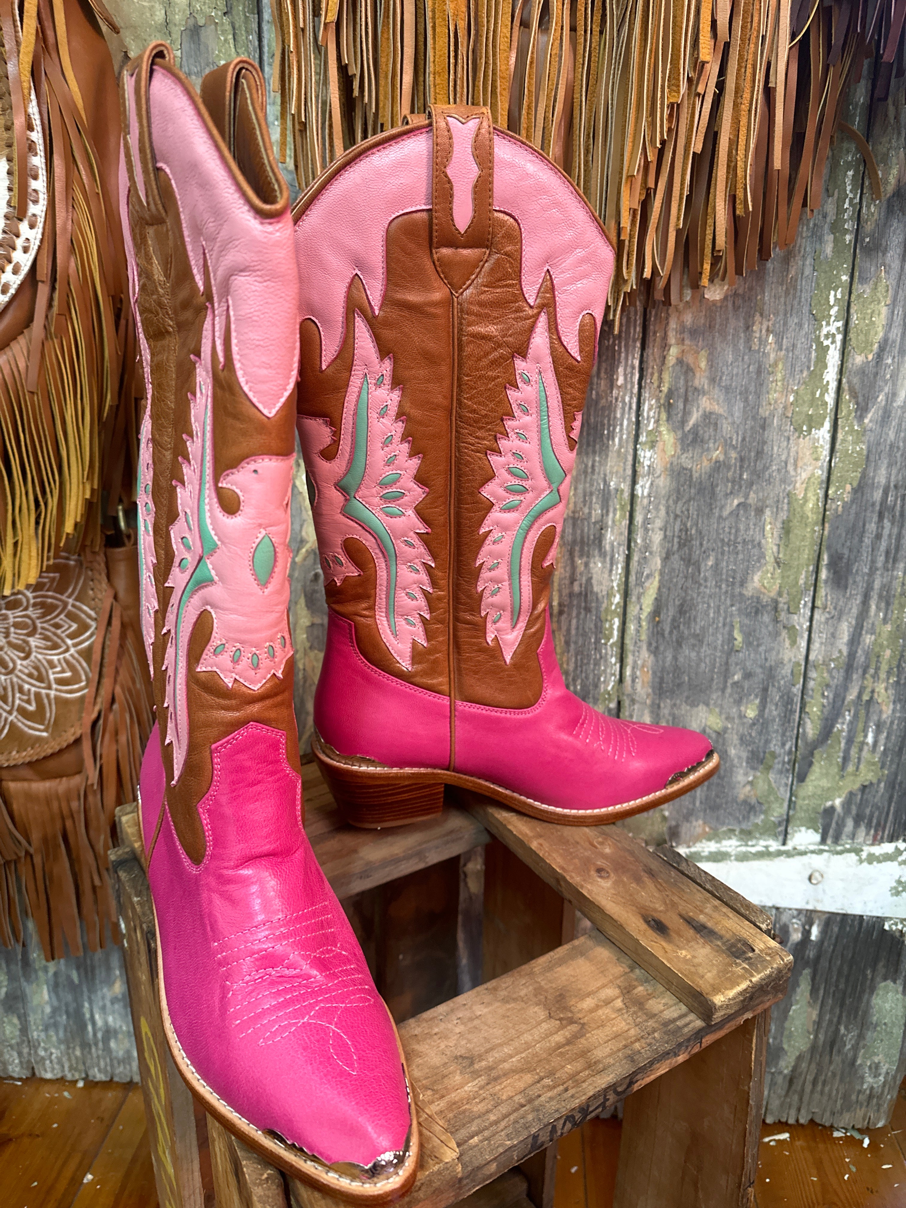 Eagle Handmade Tan & Pink Leather Cowgirl Boots