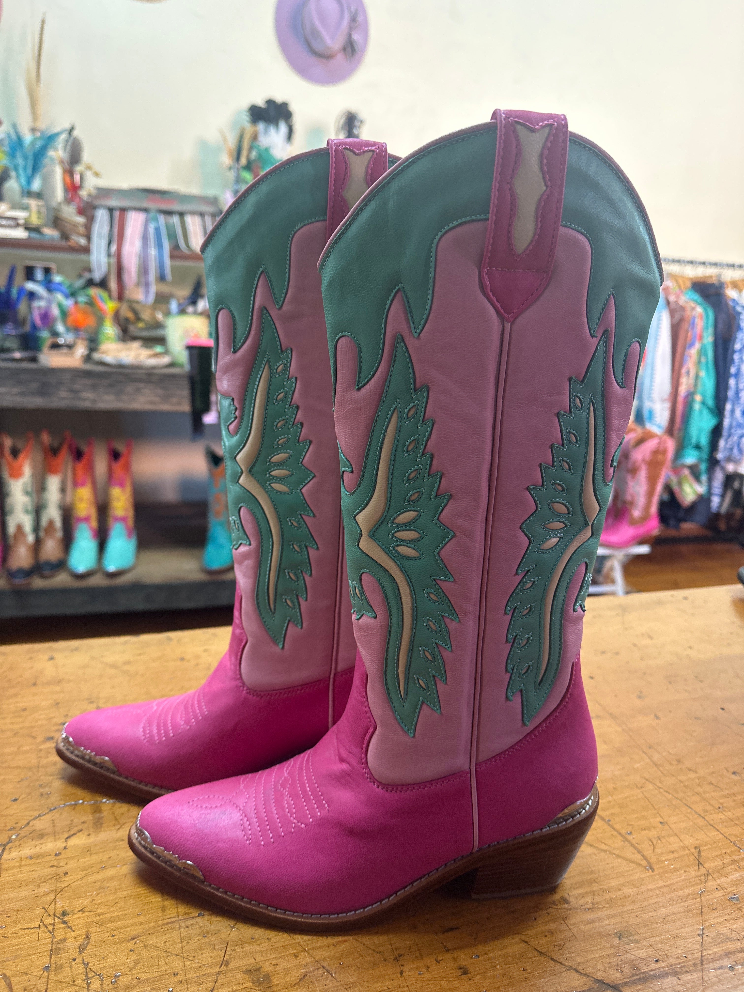 Eagle Handmade Light pink, Turquoise & Pink Leather Cowgirl Boots