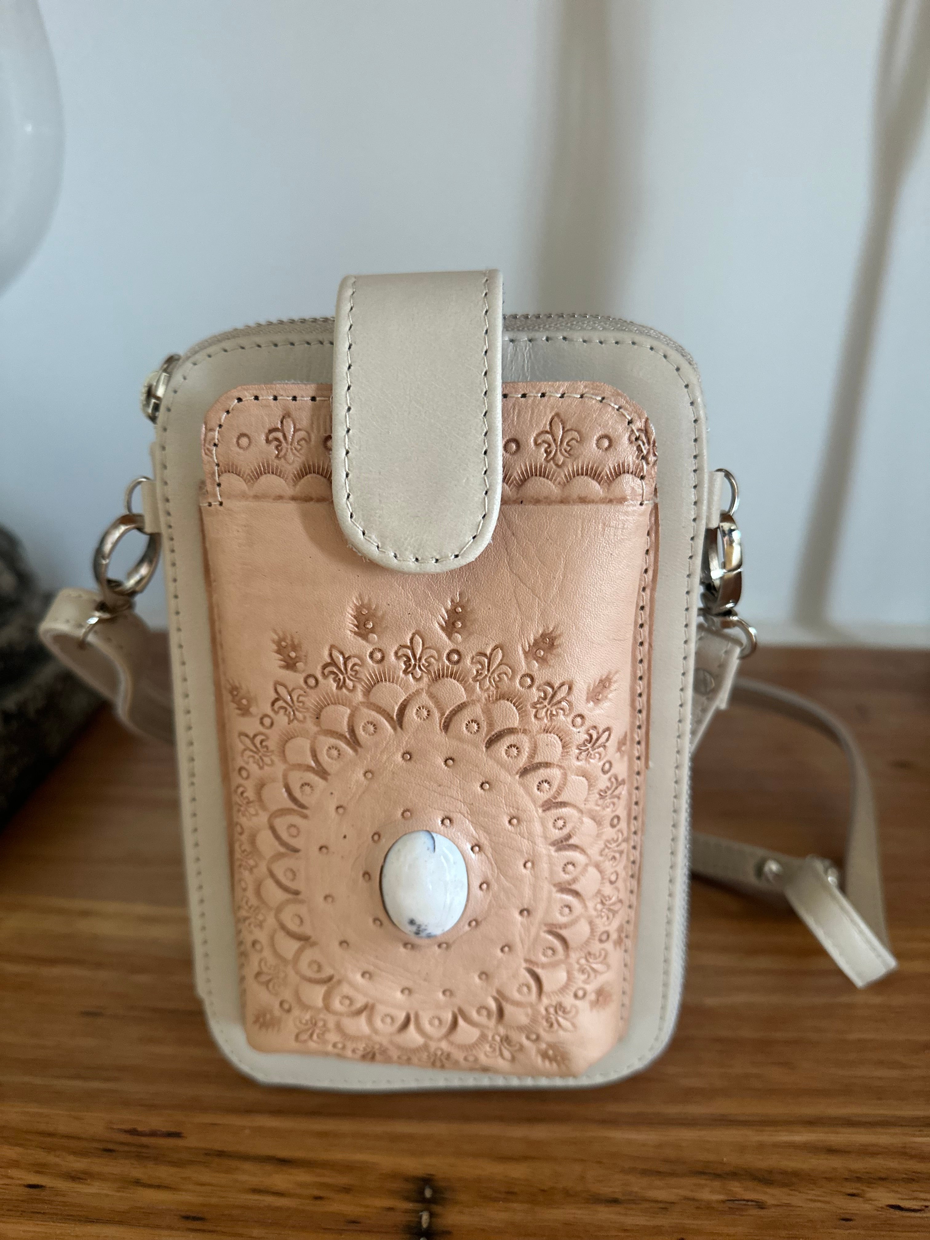 Handmade tooled leather wallet bag with detailed phone holder and real stone detail - Natural
