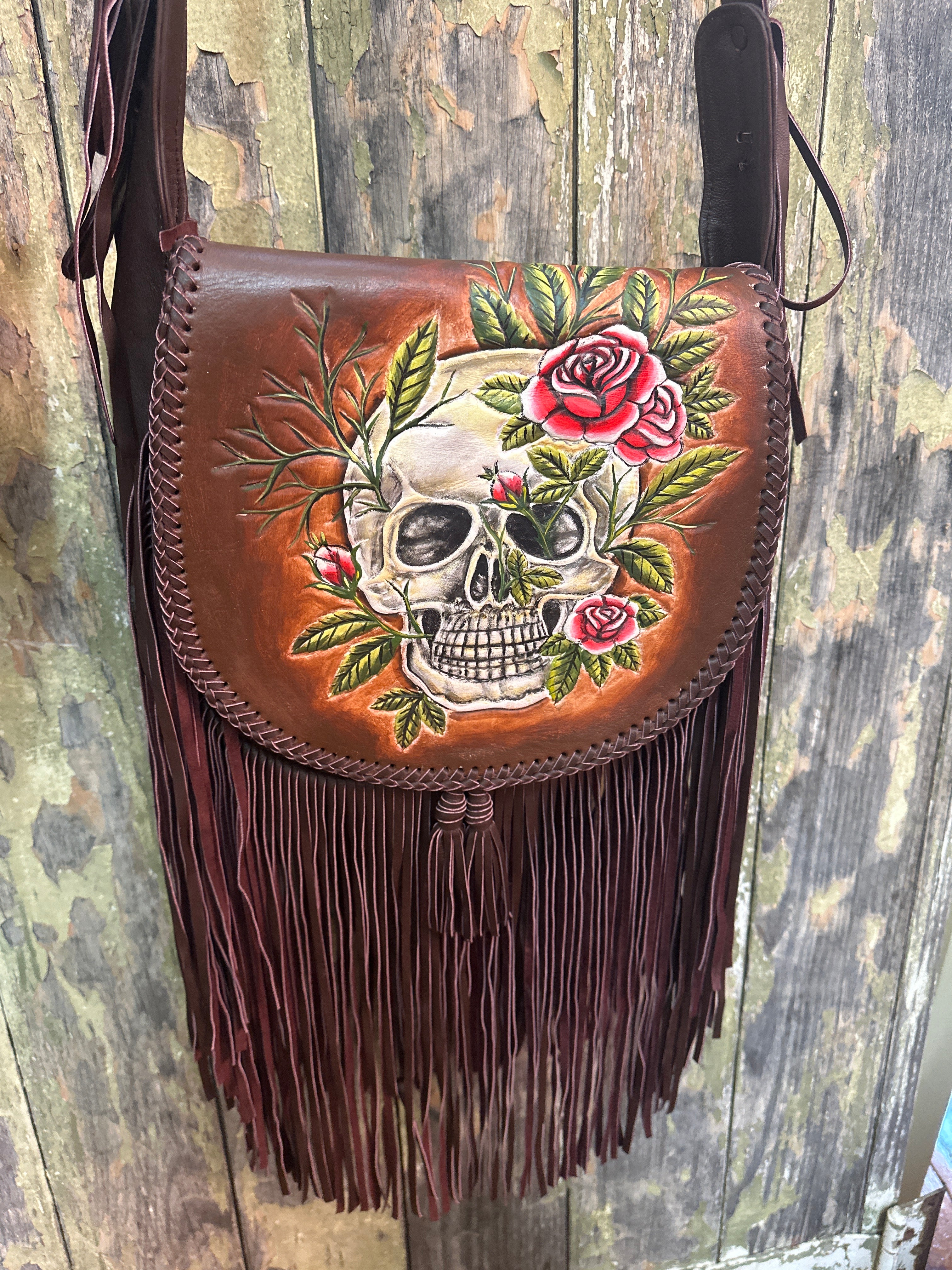 Hand Painted Skull One Off Tassel shoulder Bag
