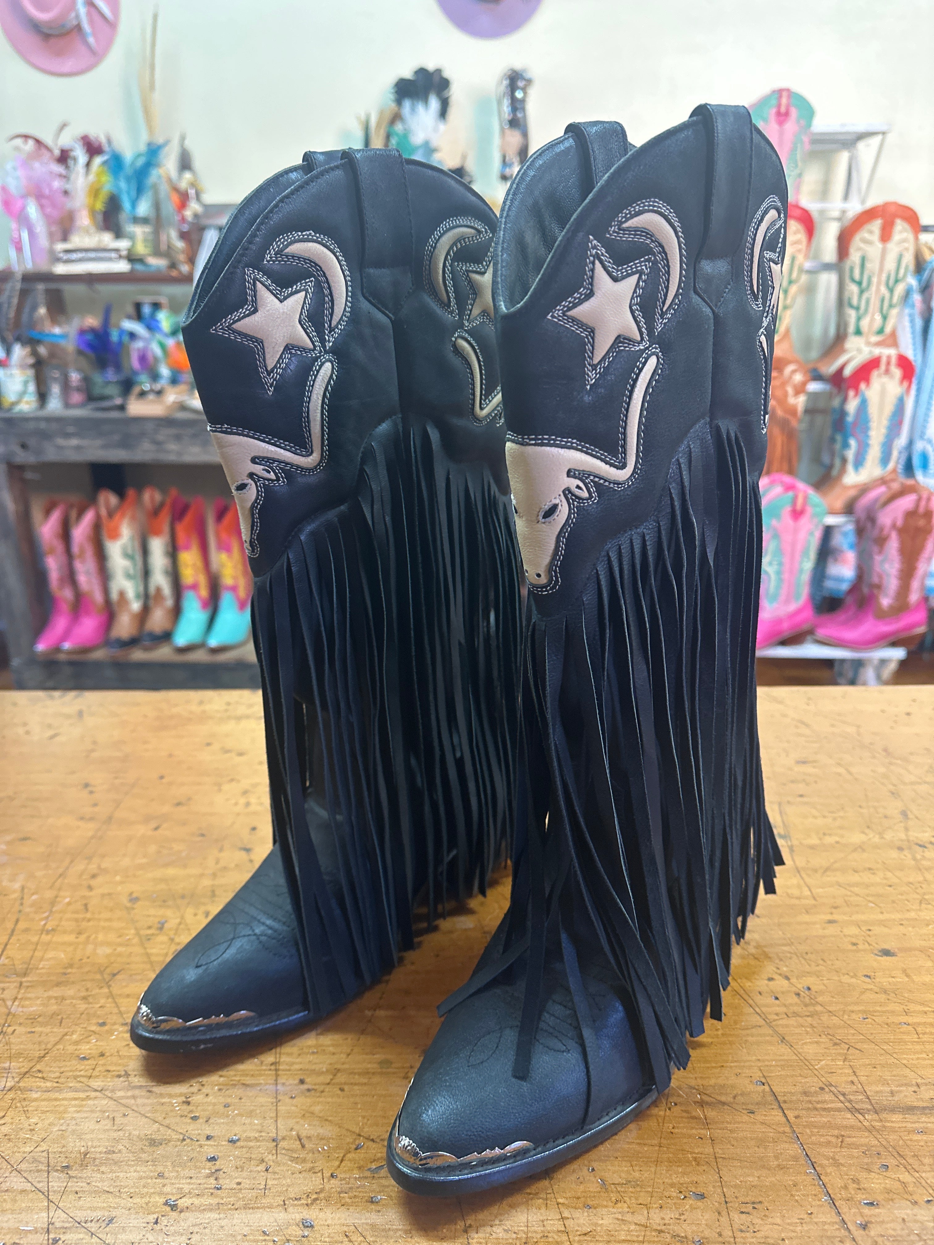 Longhorn Tassel Leather Cowgirl Boots Black