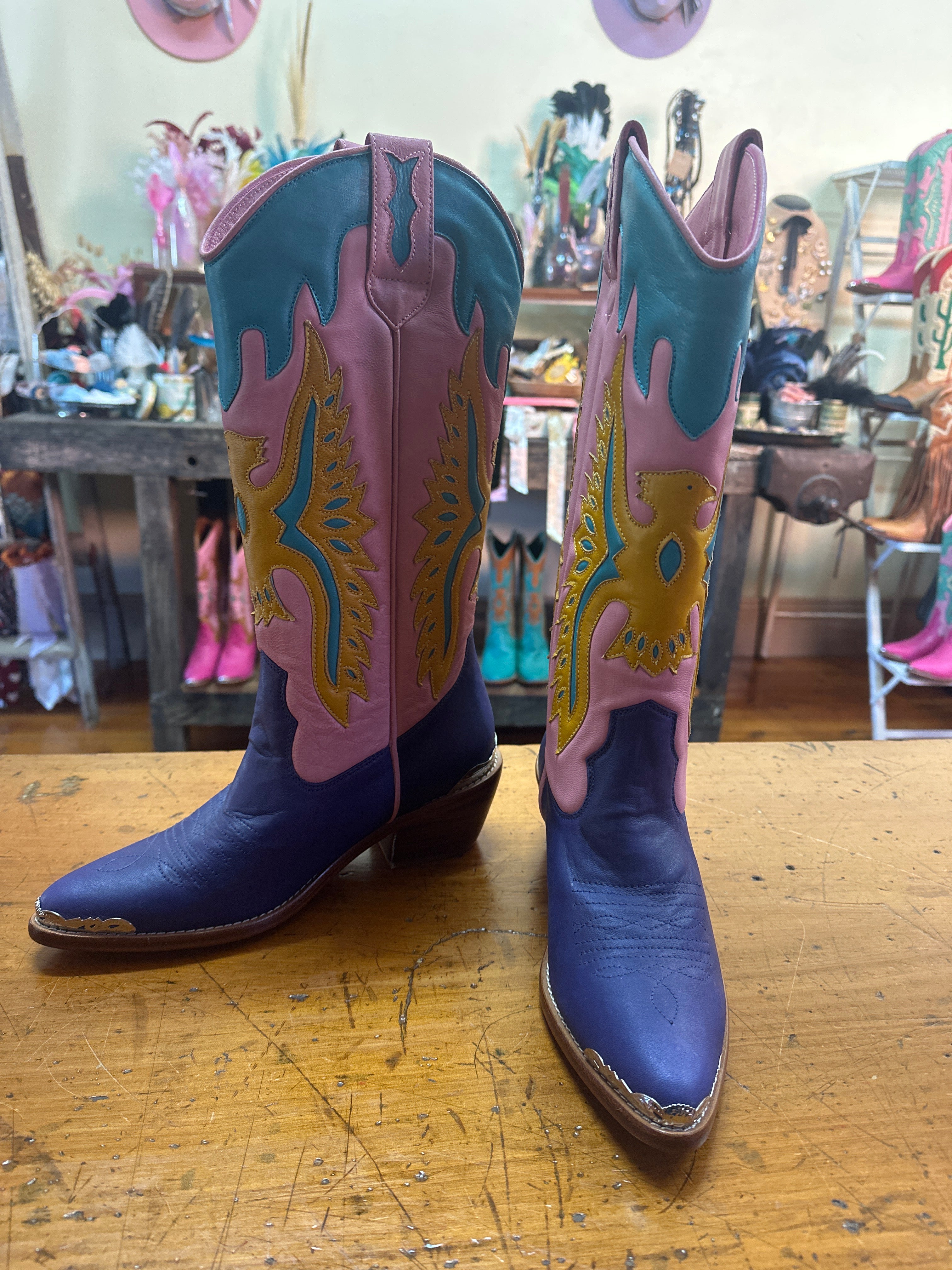 Eagle Handmade Deep Purple & Pink Leather Cowgirl Boots