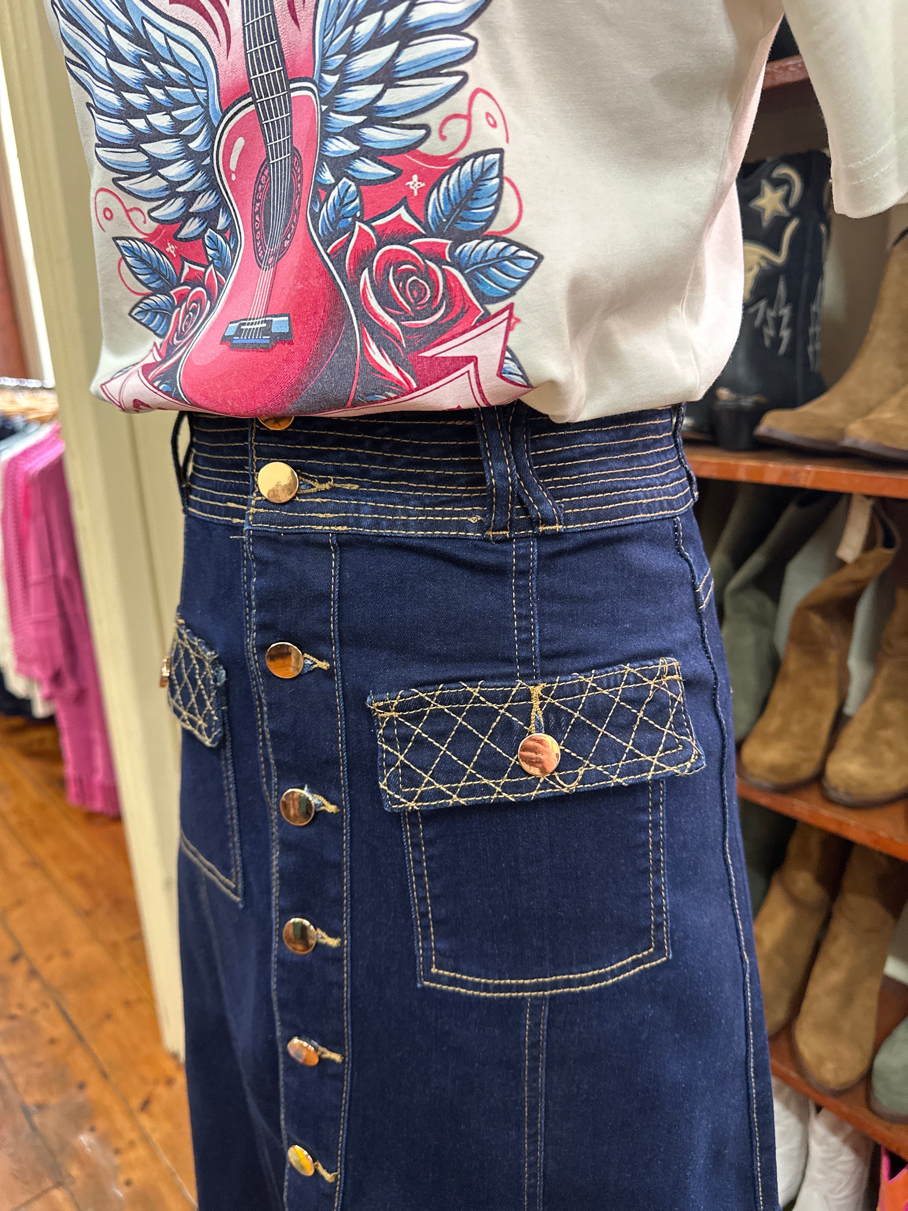 Refuge Dark Denim Pocket Detail Maxi Skirt