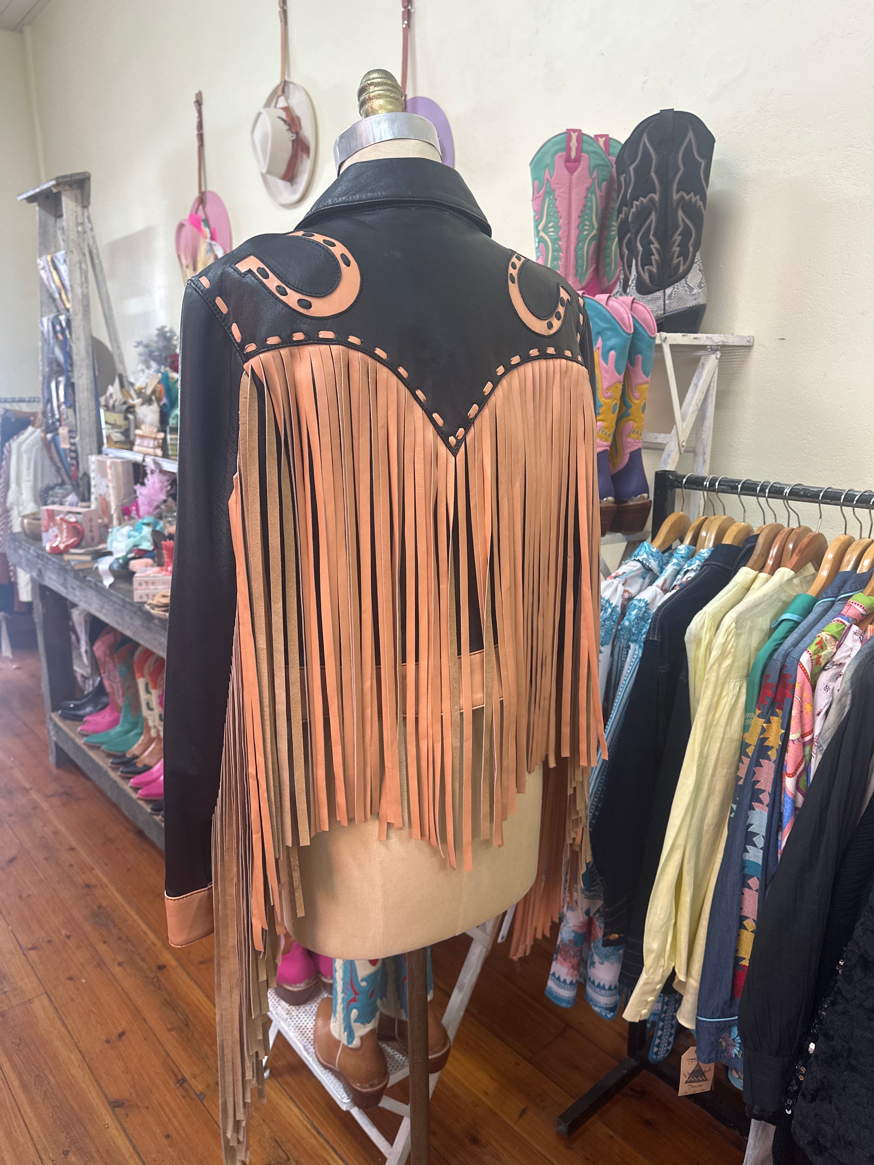Daffi Leather Fringe Jacket In Black & Beige - Size L - (12/14)