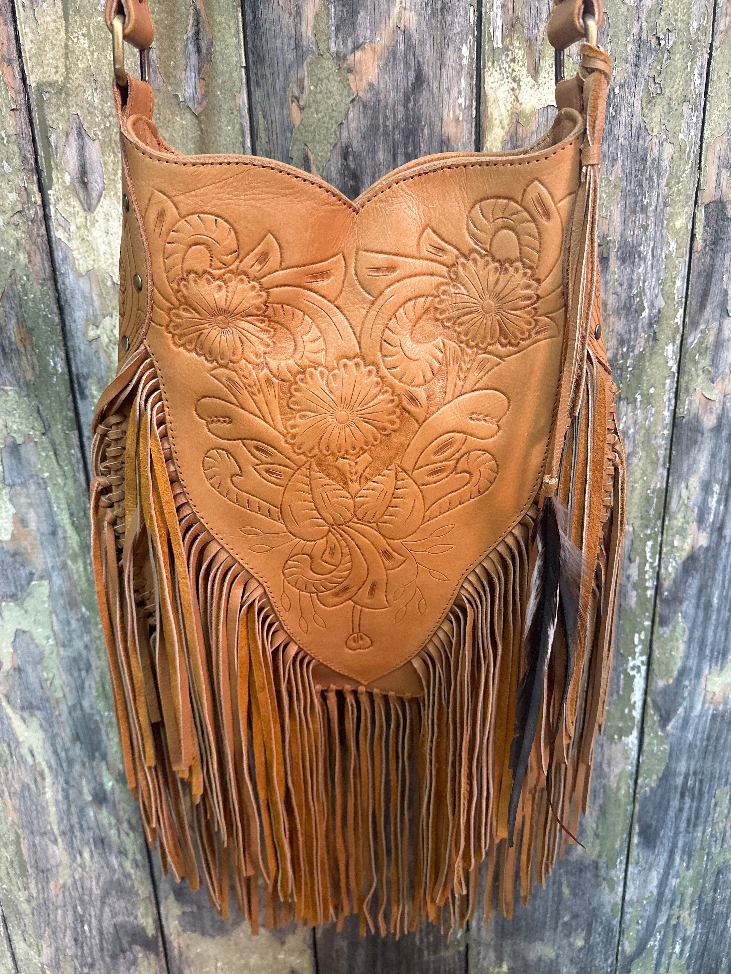 Urban Dust Leather Boho Etched Fringe Bag