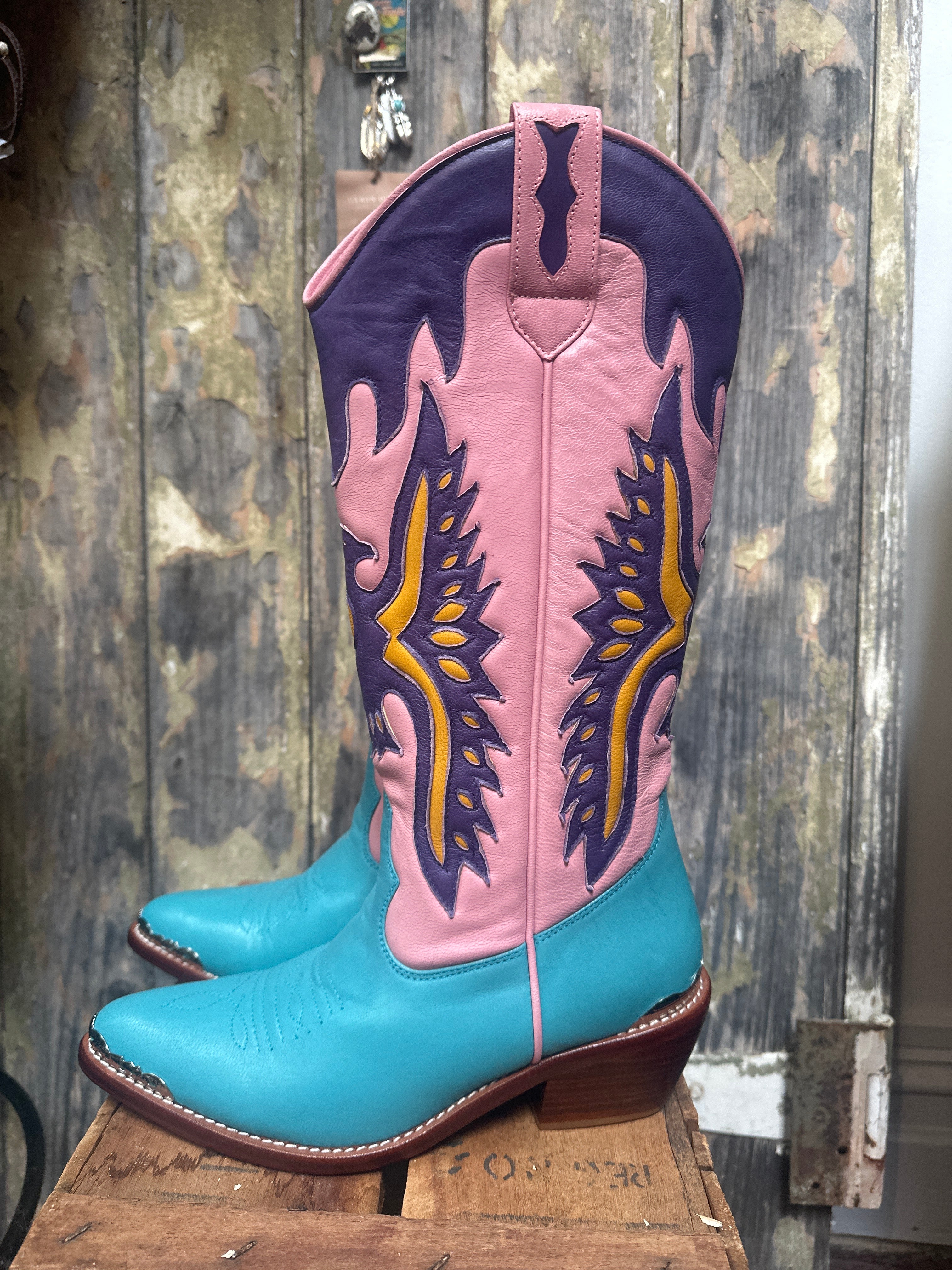 Eagle Detail Hand Made Pink Purple Turquoise Cowgirl Boots