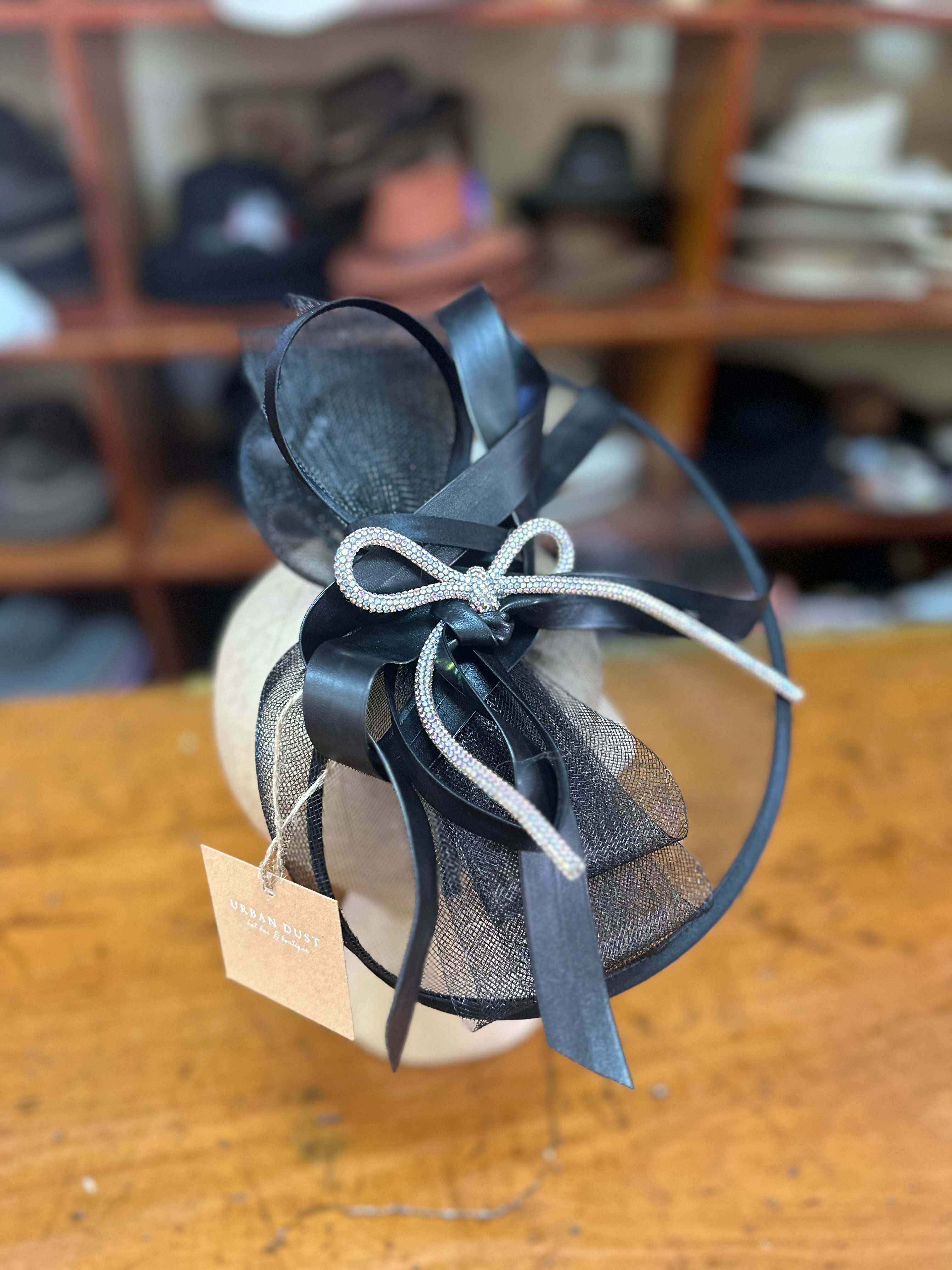 Urban Dust Black Swirl Diamanté Bow Headpiece Fascinator