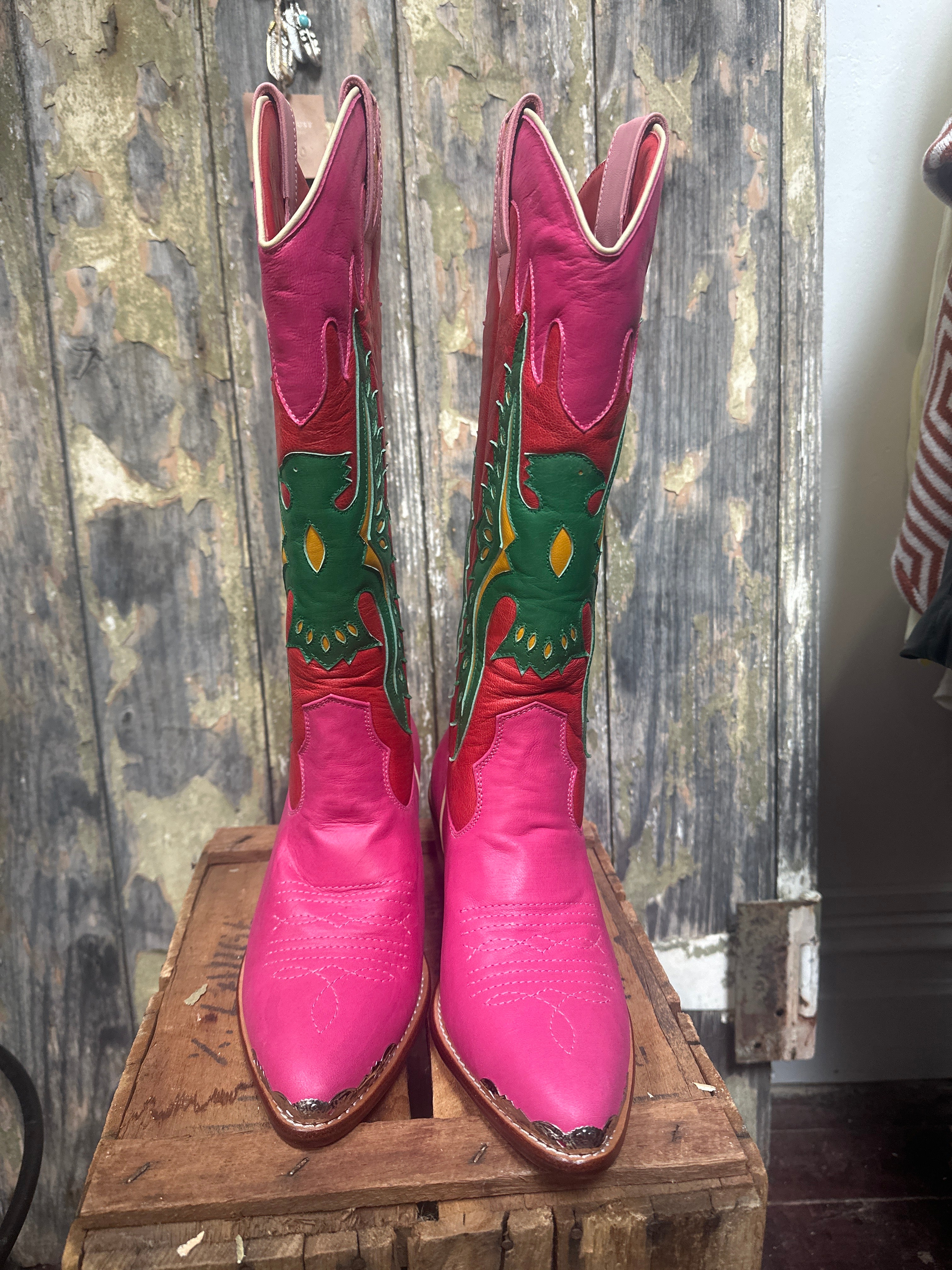 Eagle Detail Hand Made Pink Red Green Cowgirl Boots