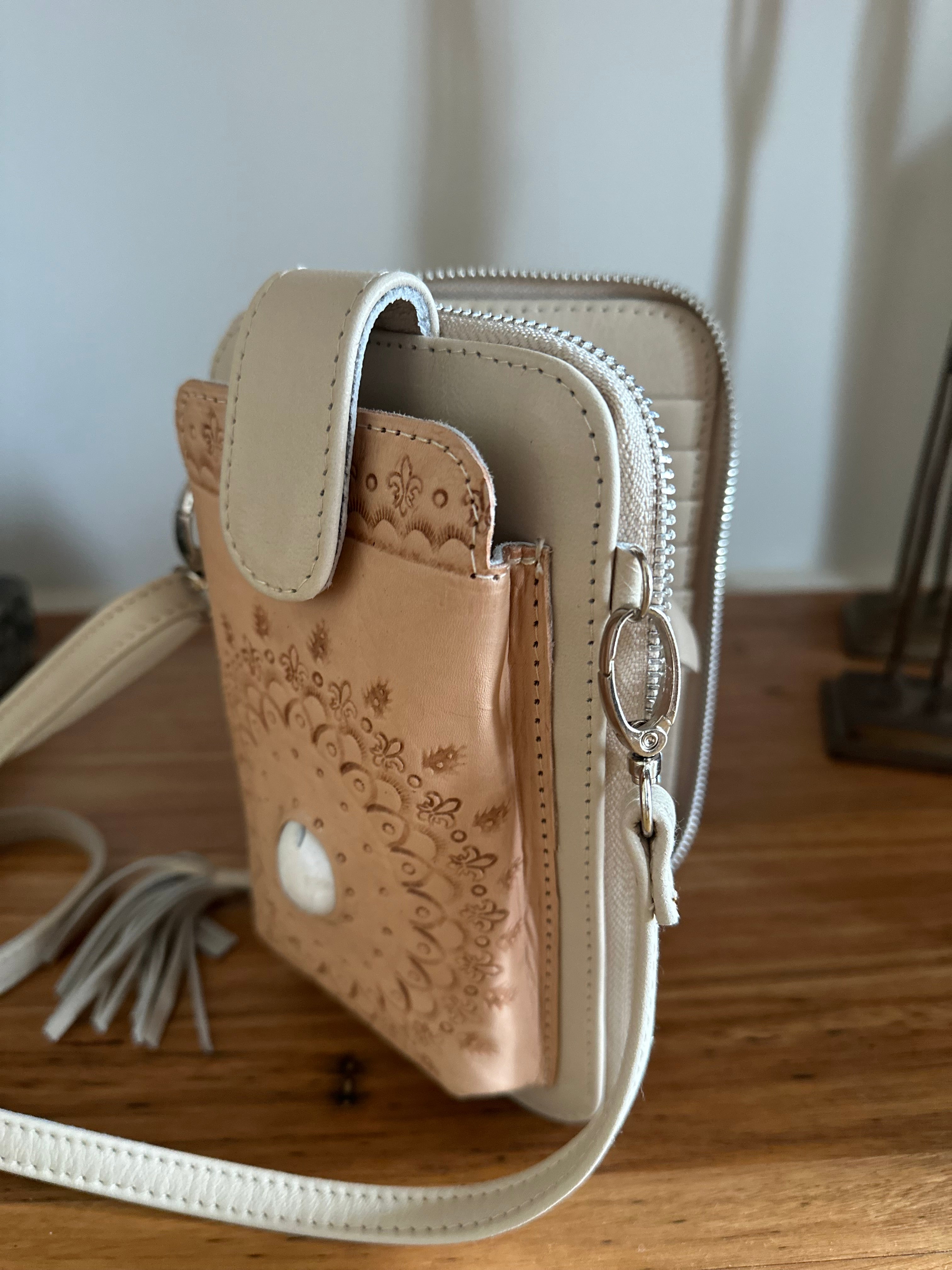 Handmade tooled leather wallet bag with detailed phone holder and real stone detail - Natural