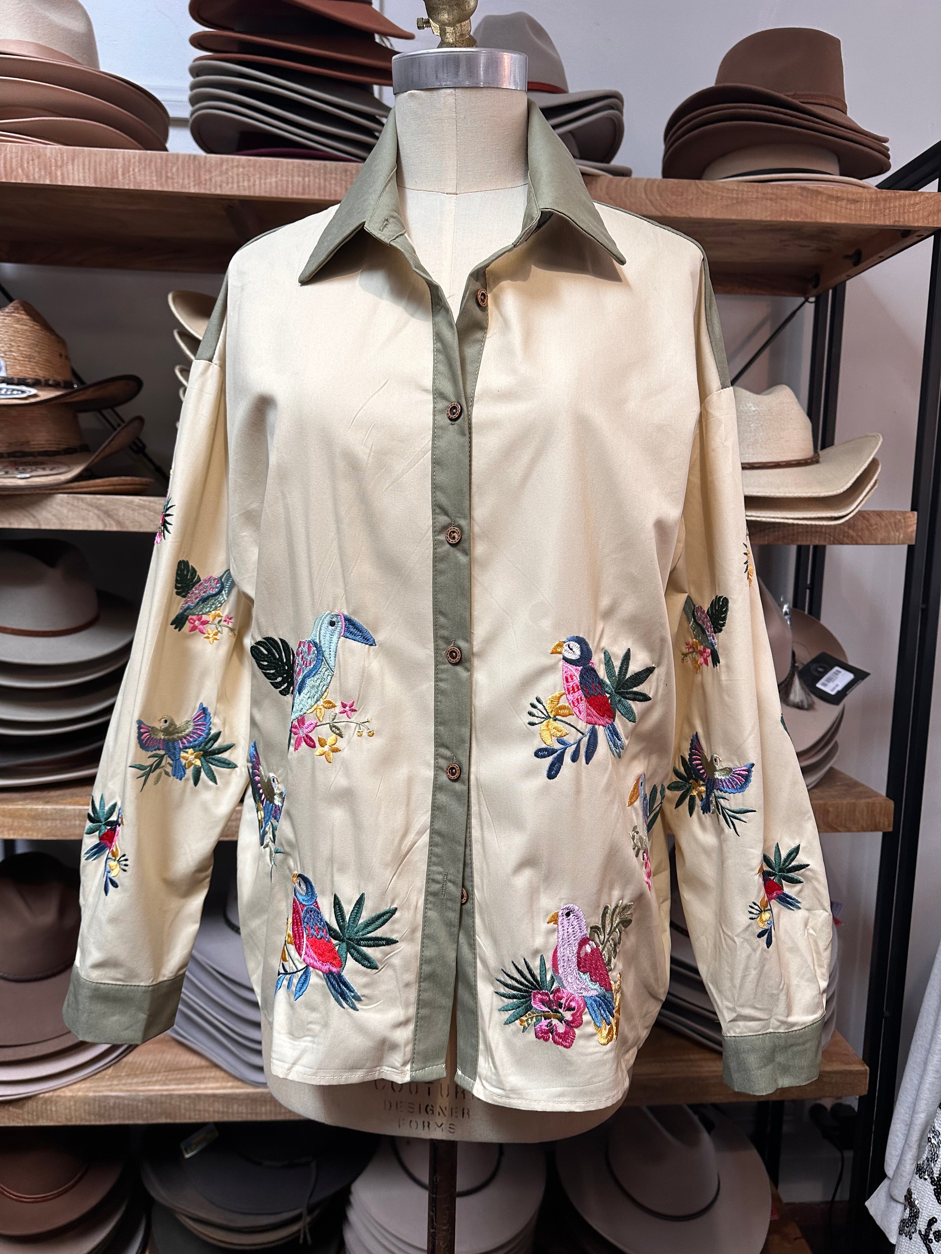 Bird Embroidery Cotton Shirt