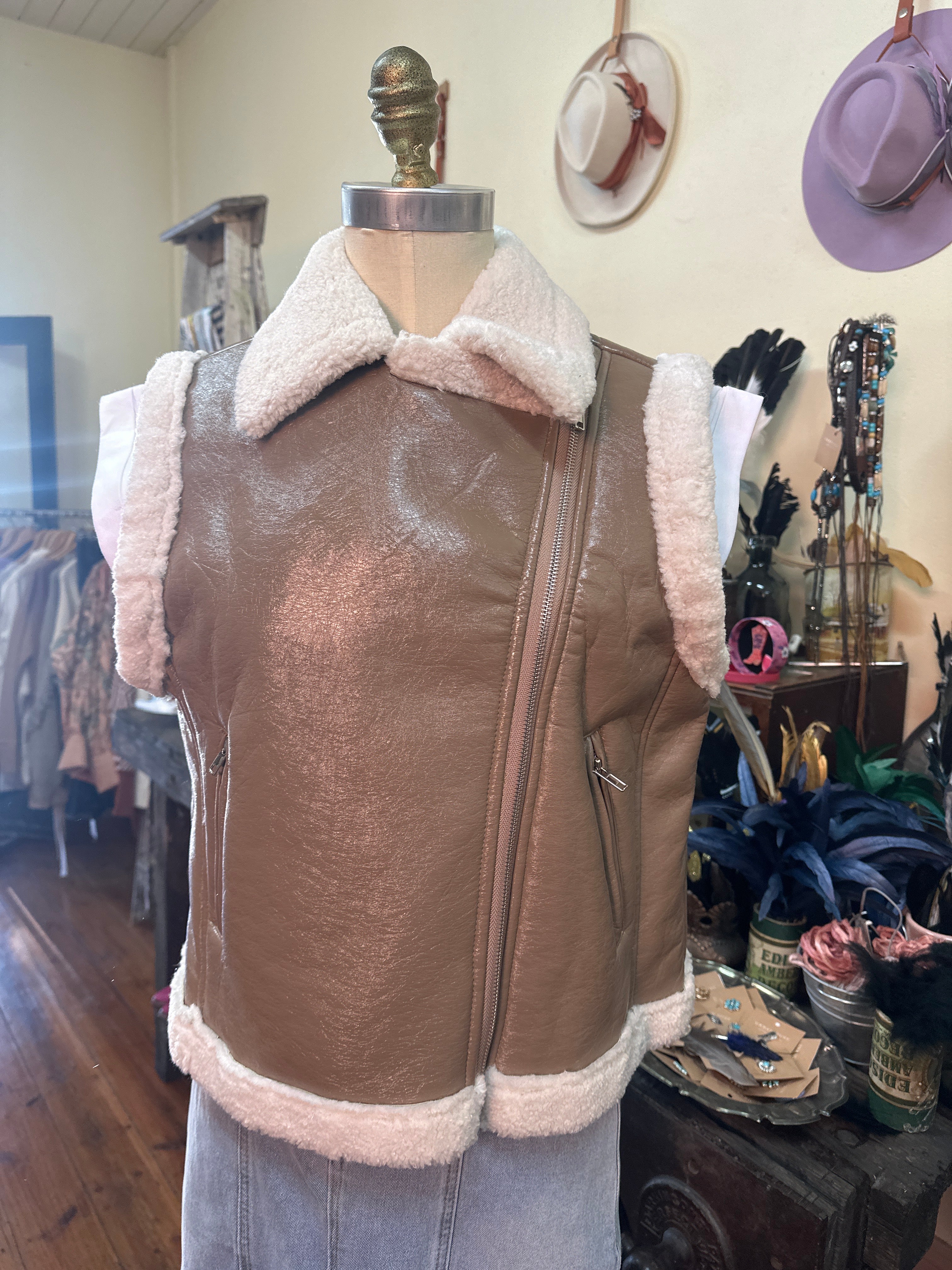 Blue B Faux Leather Sherling Moto Jacket Vest Tan