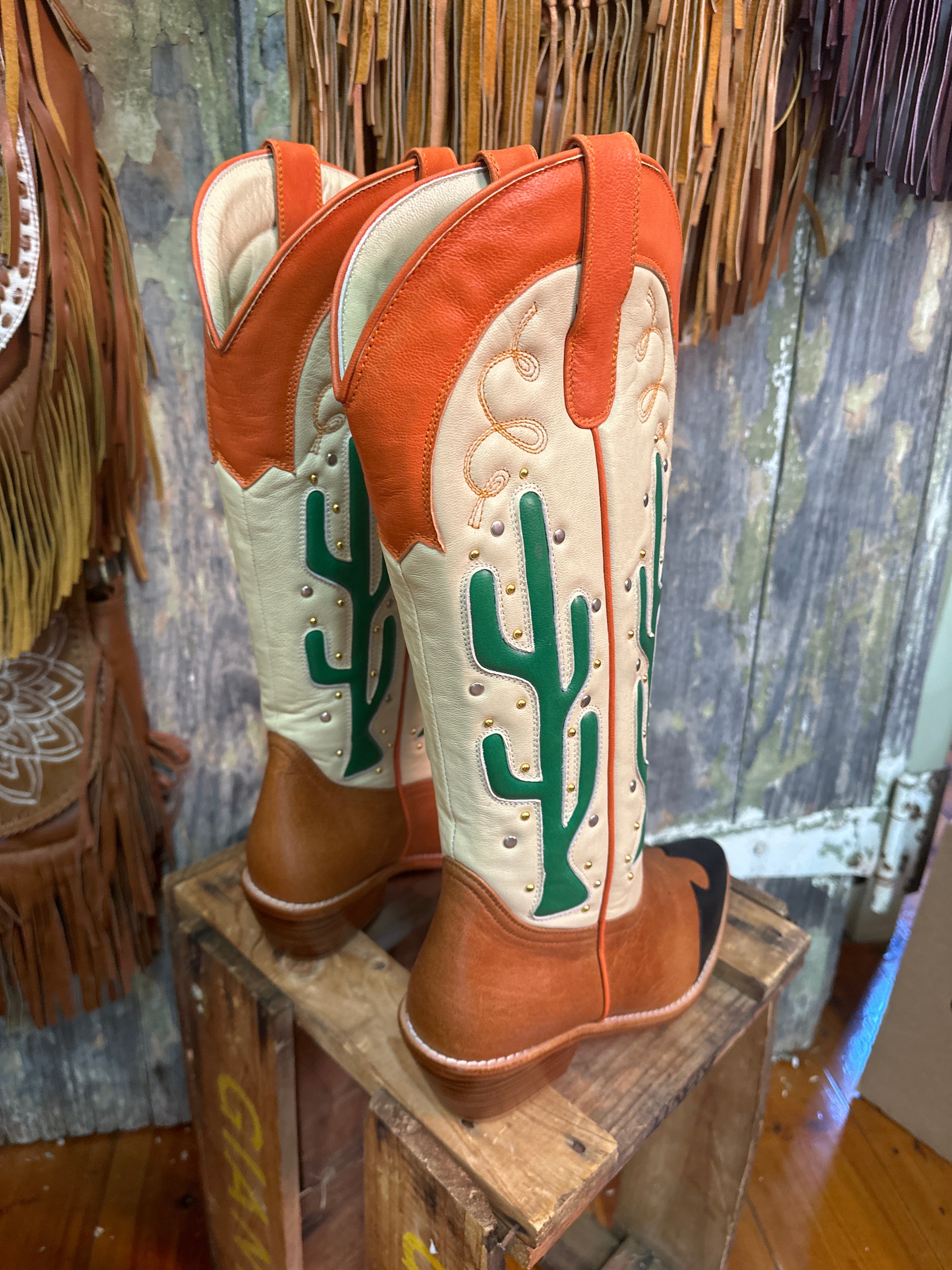 Cactus Handmade Leather Cowgirl Boots Tan Orange