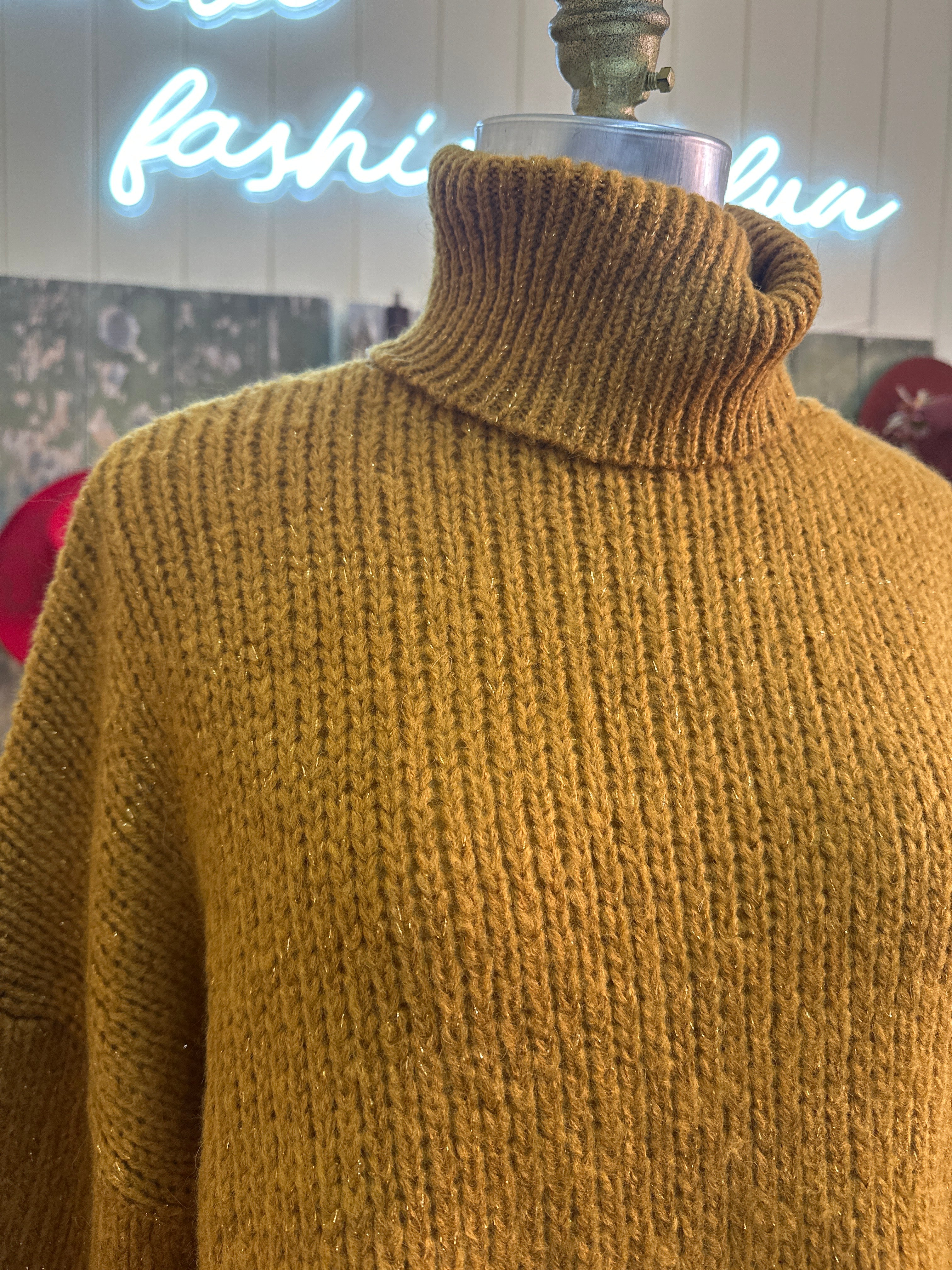 Aggel Mustard Lurex Detail Roll Neck Jumper - Made In Greece