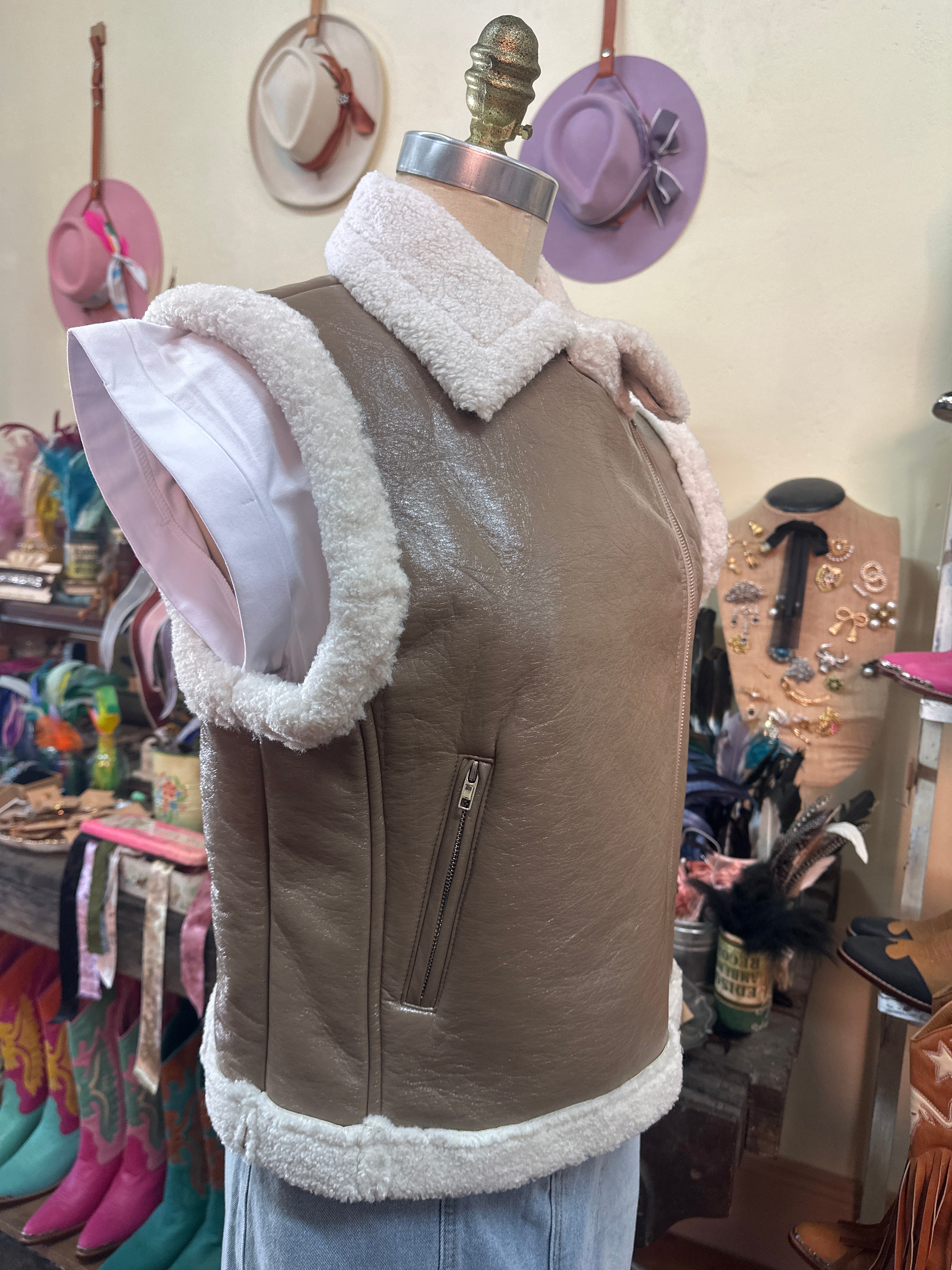 Blue B Faux Leather Sherling Moto Jacket Vest Tan