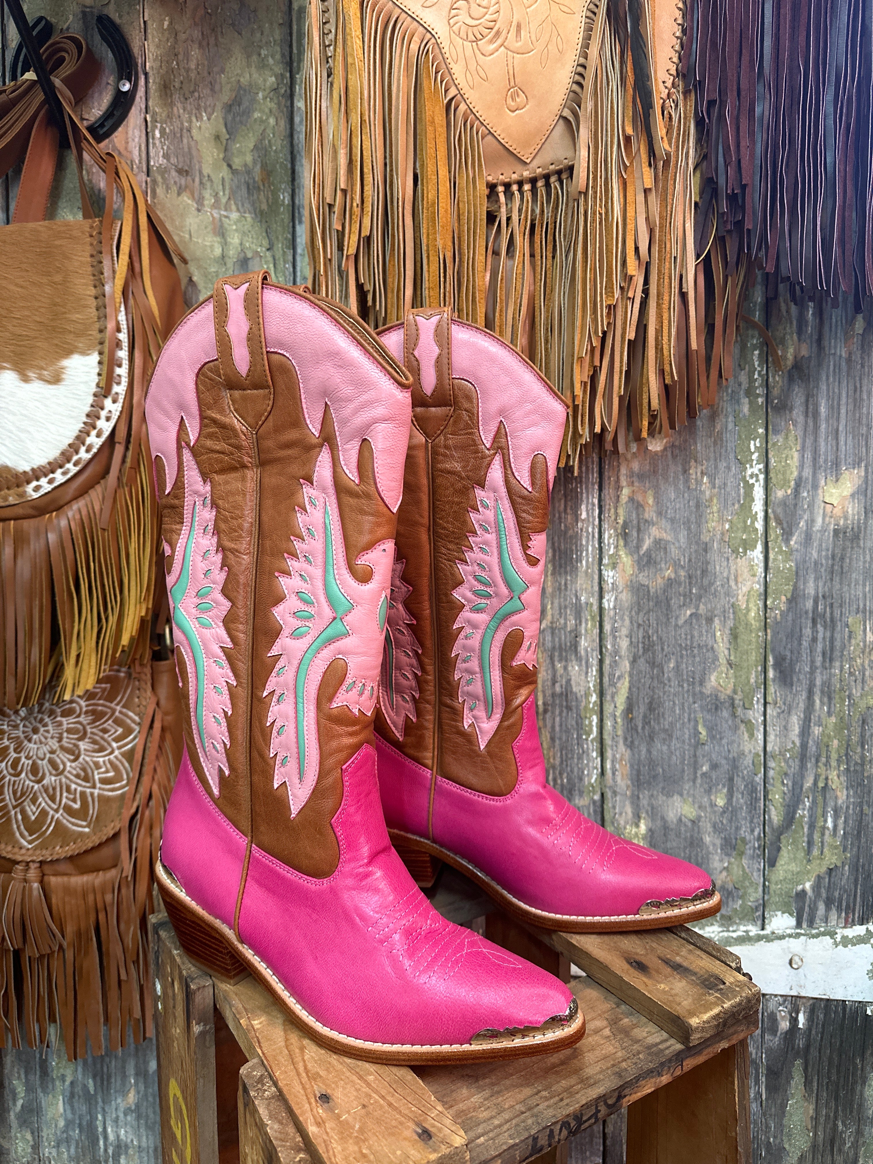 Eagle Handmade Tan & Pink Leather Cowgirl Boots