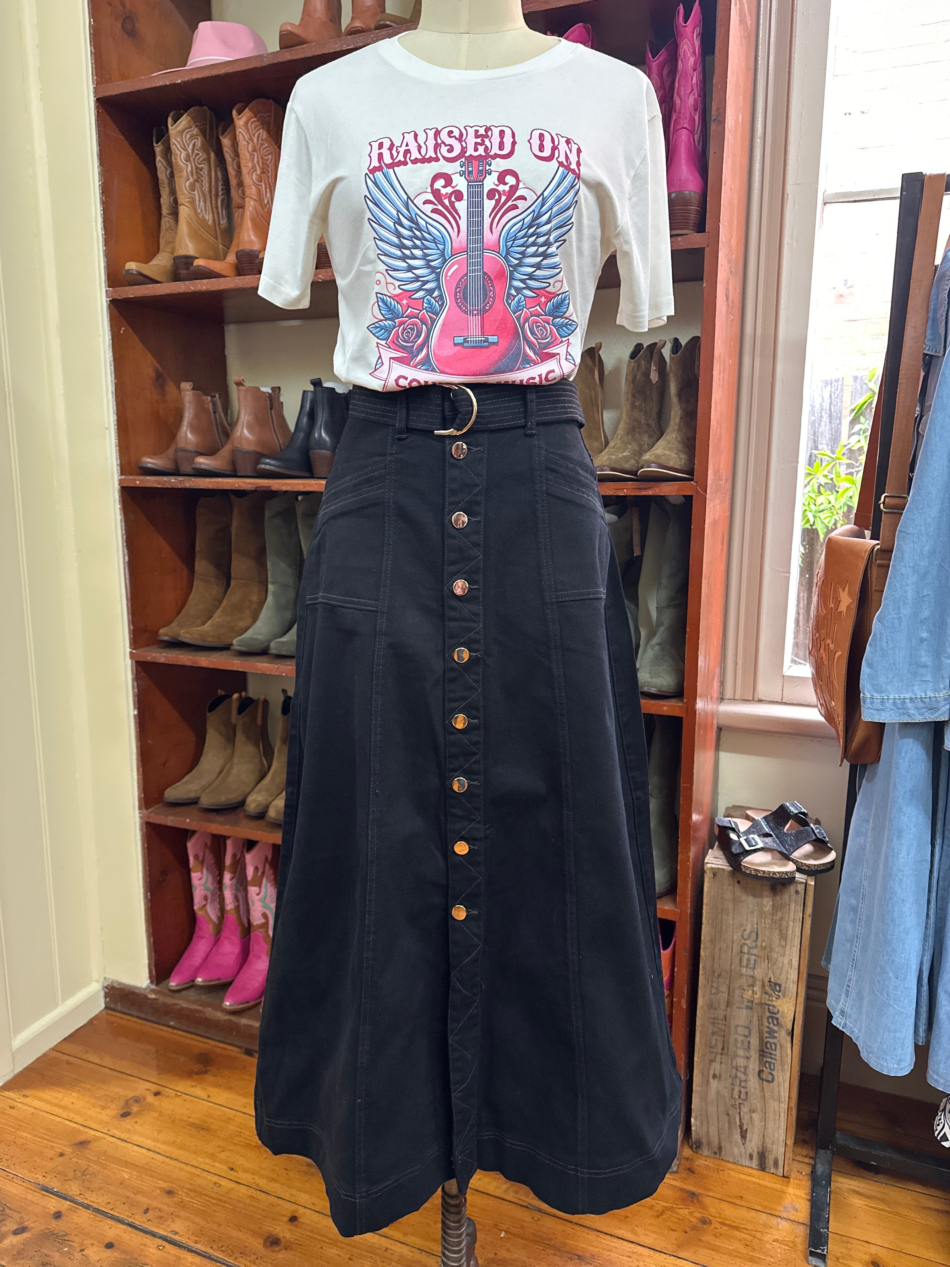 Refuge Black Denim Gold Button Maxi Skirt