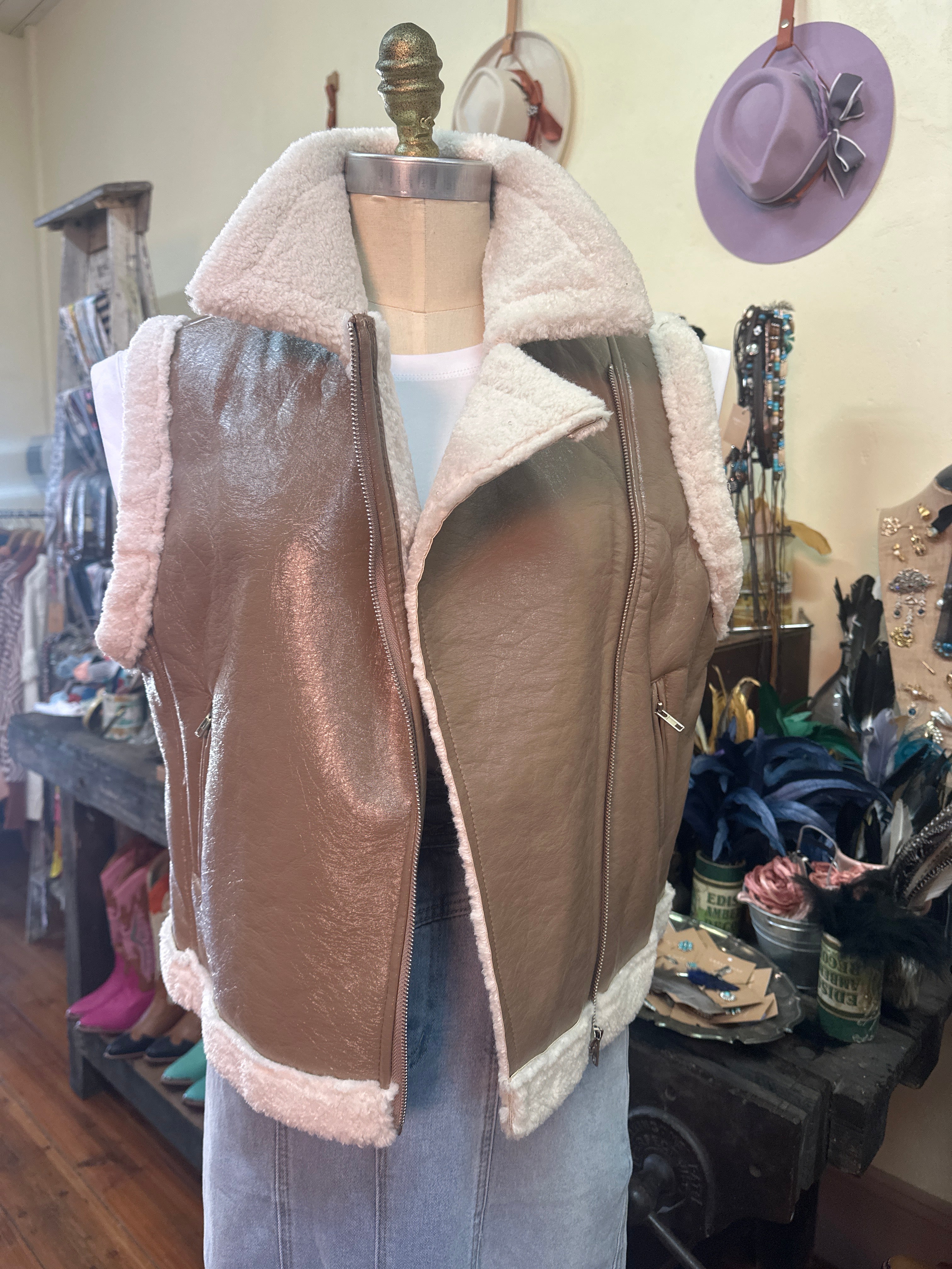 Blue B Faux Leather Sherling Moto Jacket Vest Tan