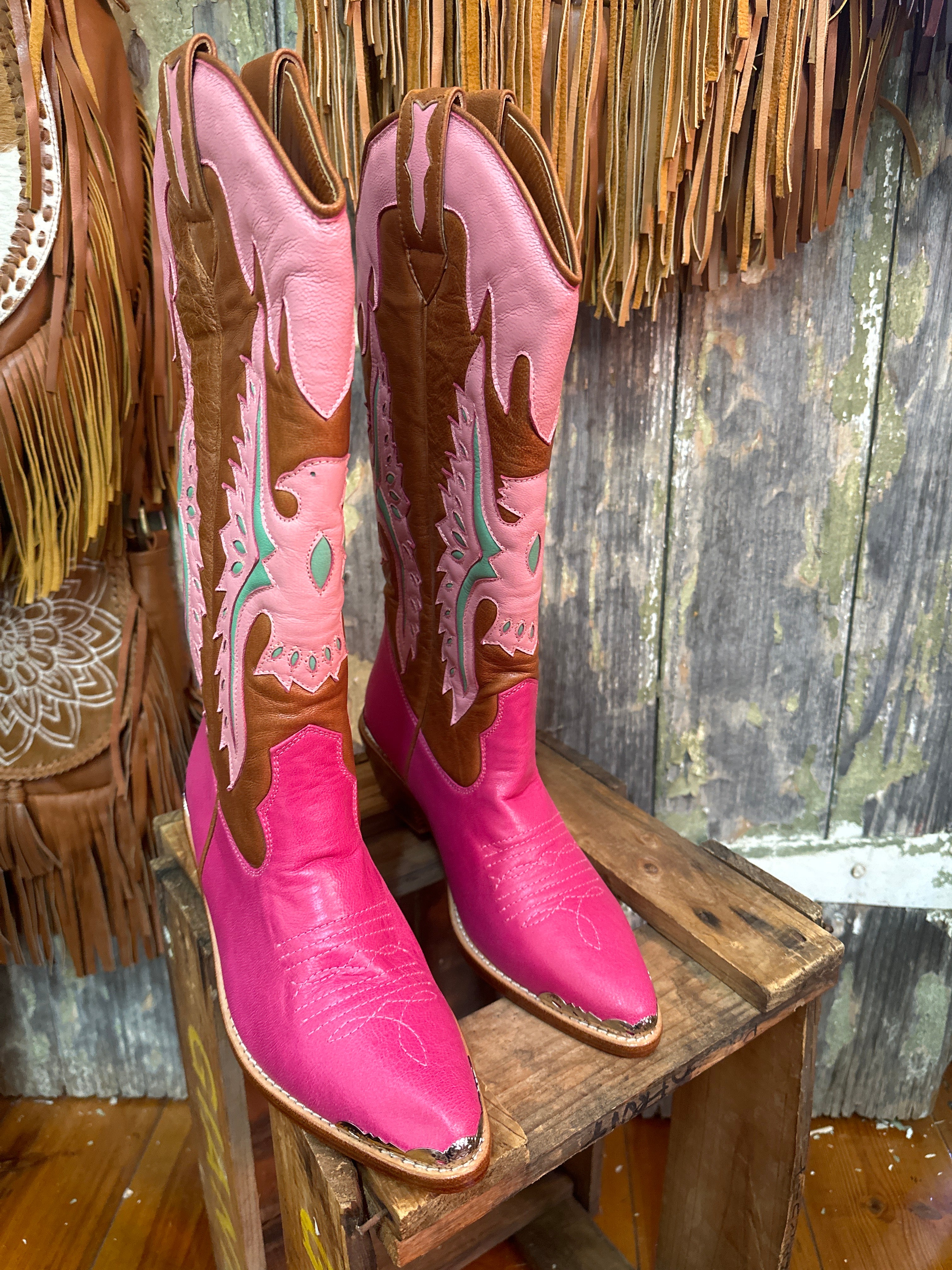 Eagle Handmade Tan & Pink Leather Cowgirl Boots
