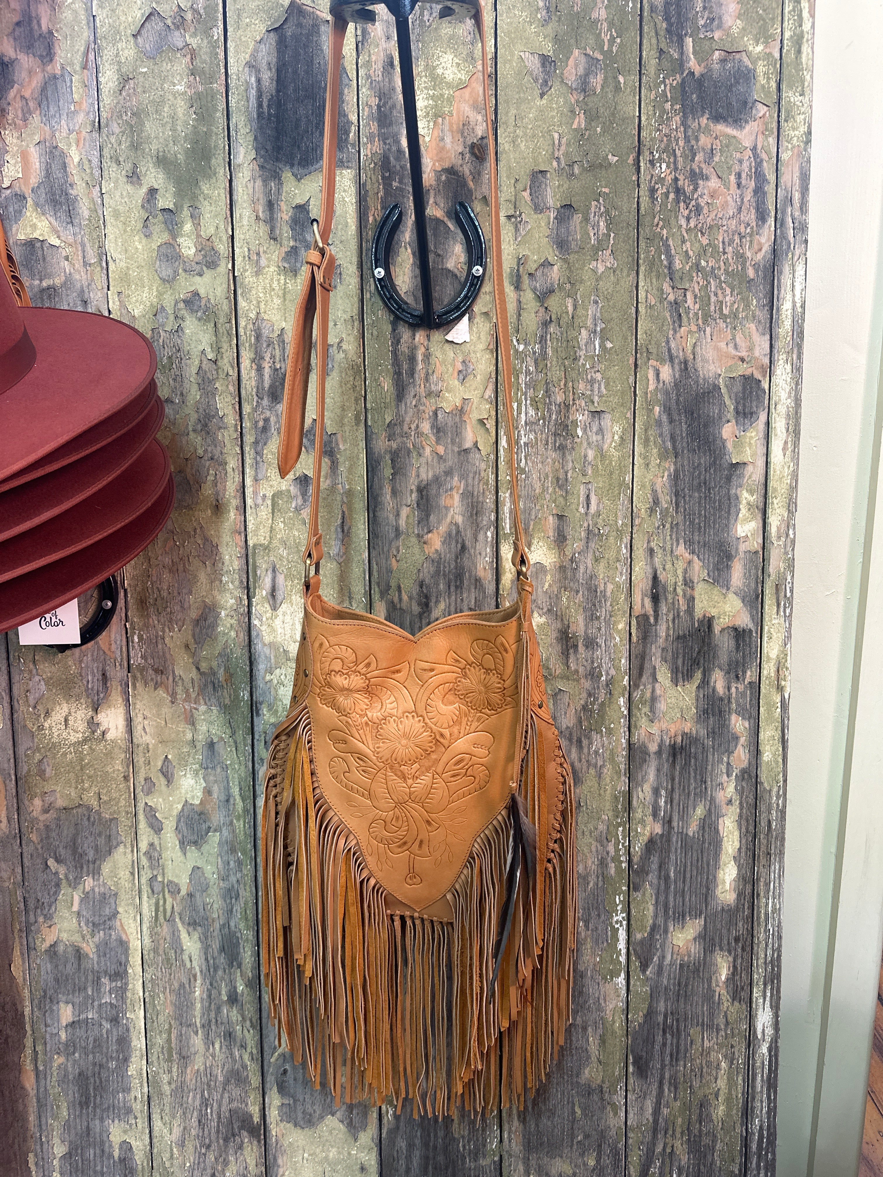 Urban Dust Leather Boho Etched Fringe Bag