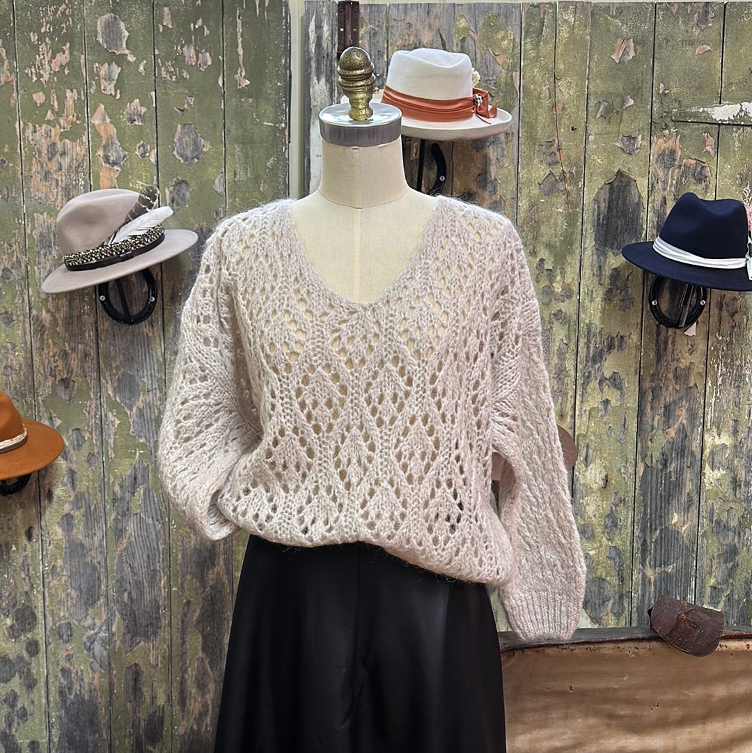 Urban Luxury Mohair Decorative Weave Mohair Mix V Neck Jumper Natural