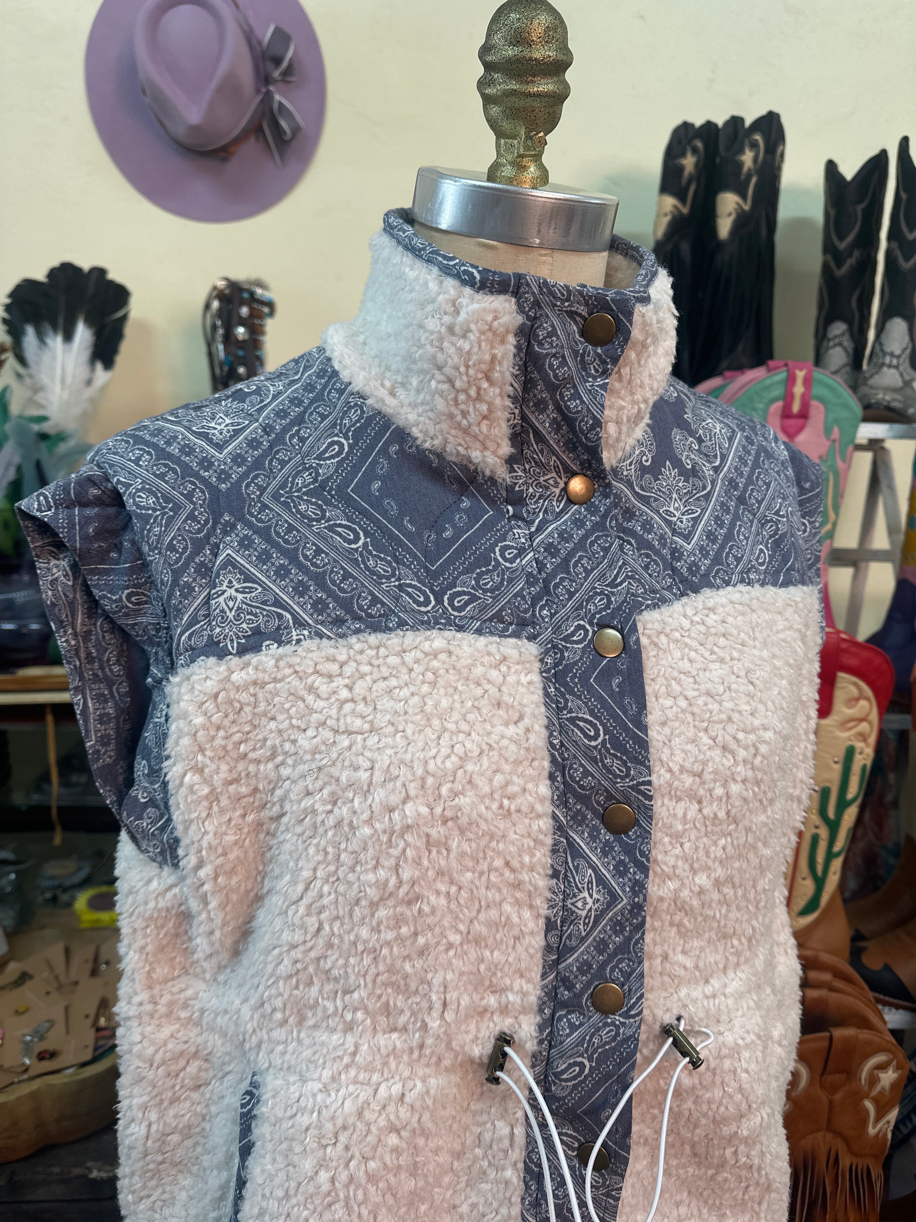 Blue B Quilted Paisley Faux Sherling Snap Vest