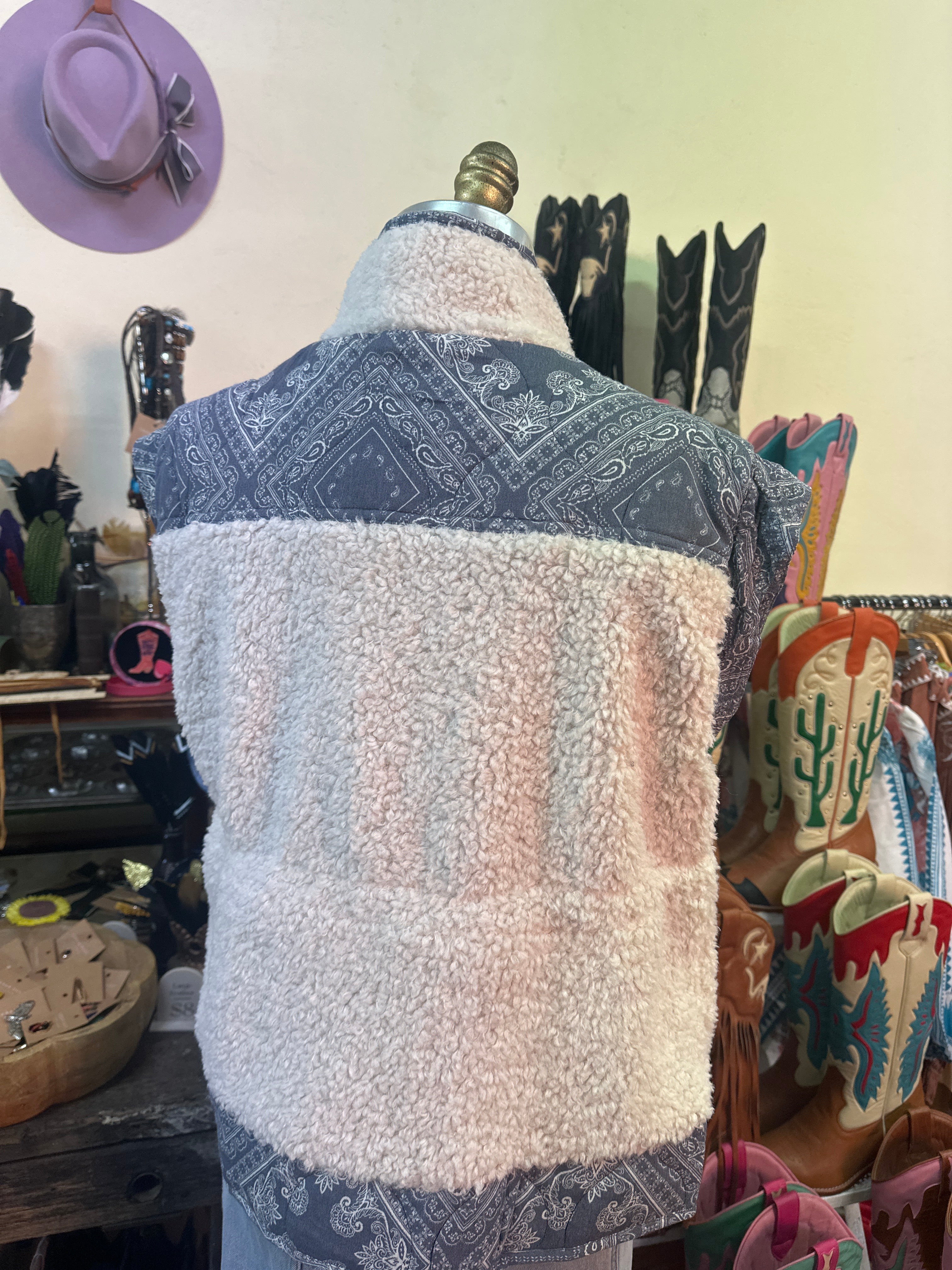 Blue B Quilted Paisley Faux Sherling Snap Vest