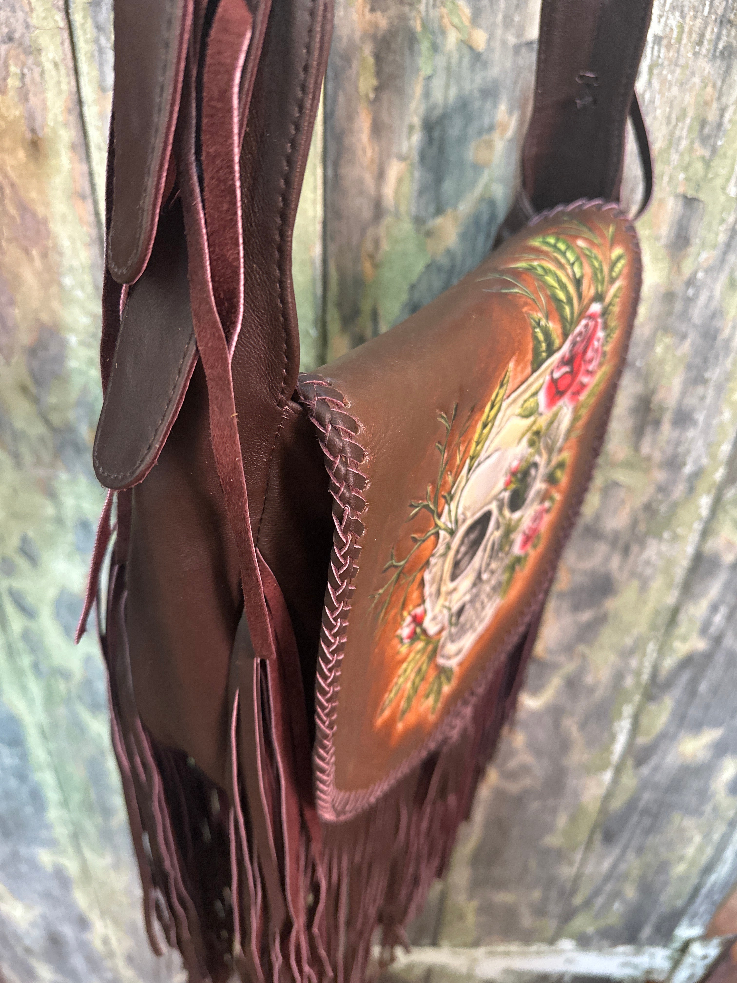 Hand Painted Skull One Off Tassel shoulder Bag