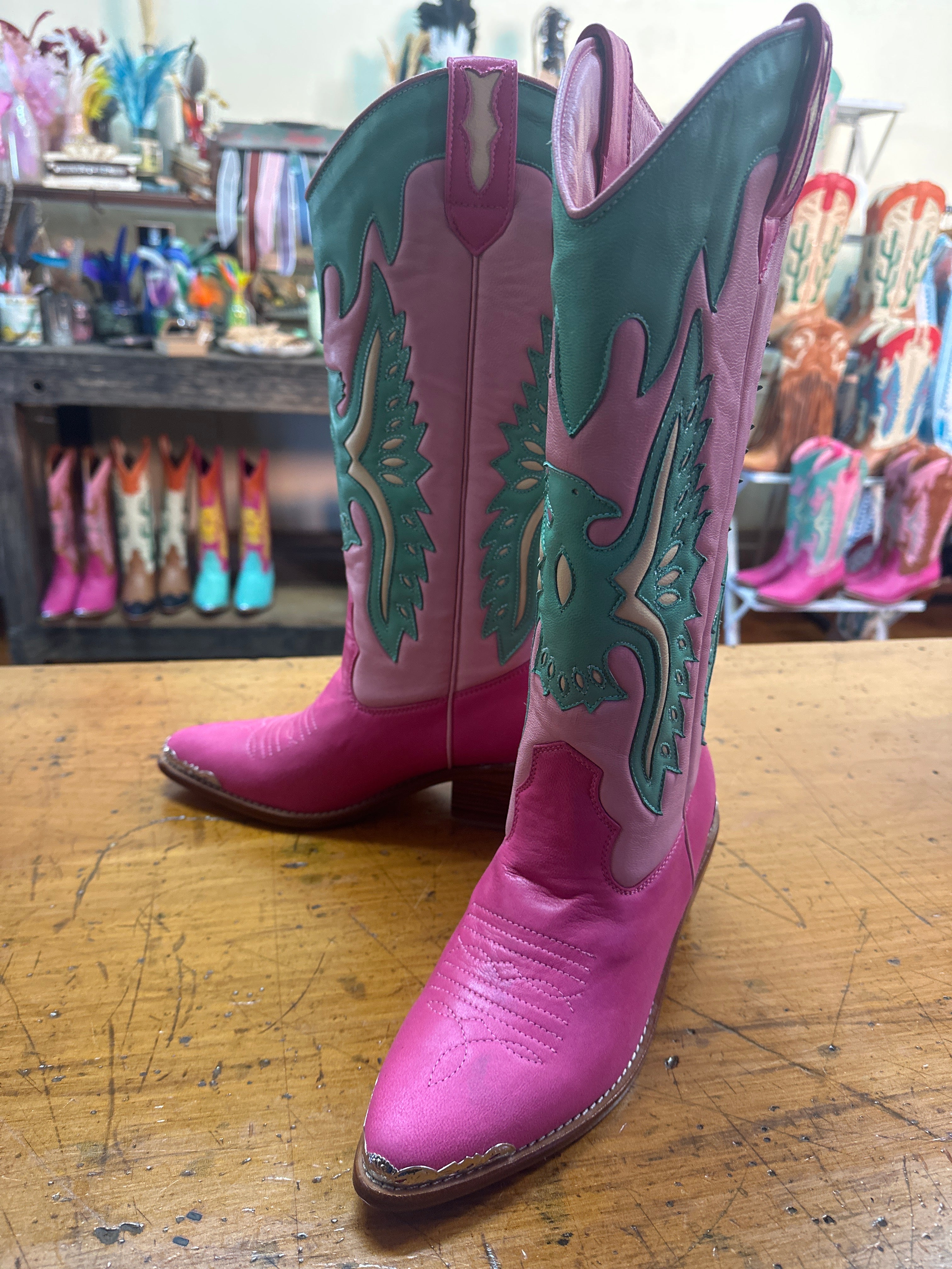 Eagle Handmade Light pink, Turquoise & Pink Leather Cowgirl Boots