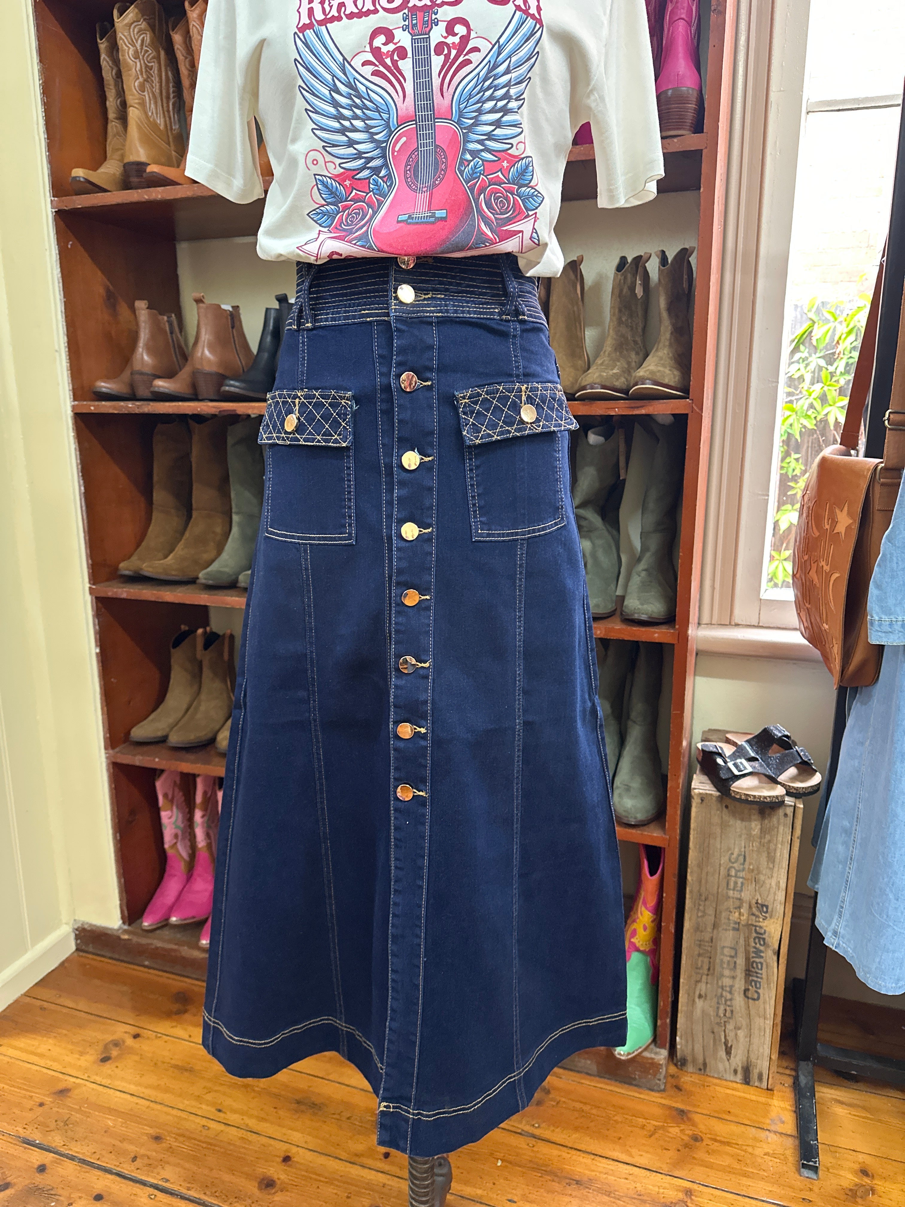 Refuge Dark Denim Pocket Detail Maxi Skirt