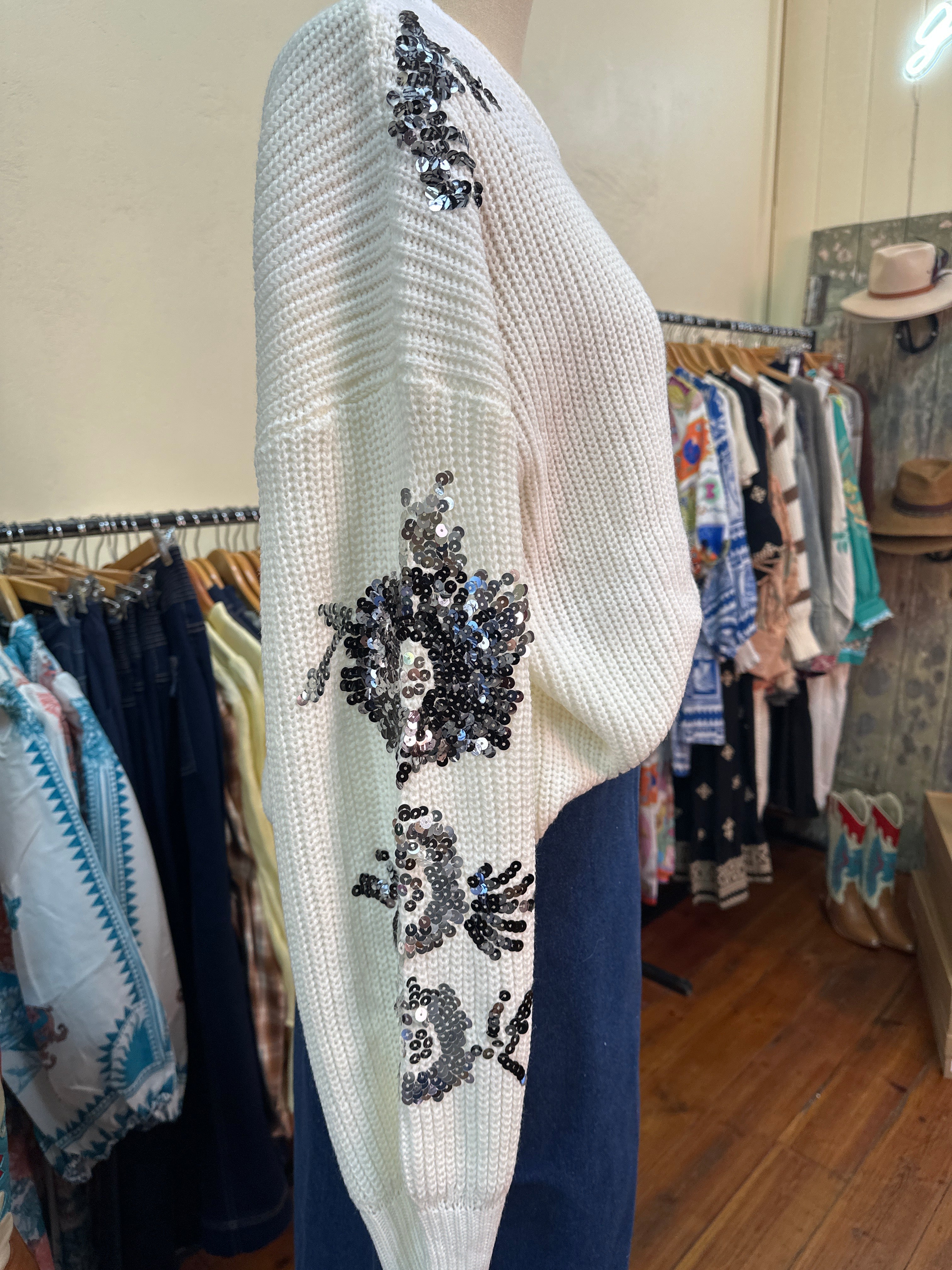 Fria Sequin Flower Sleeve Detail Jumper