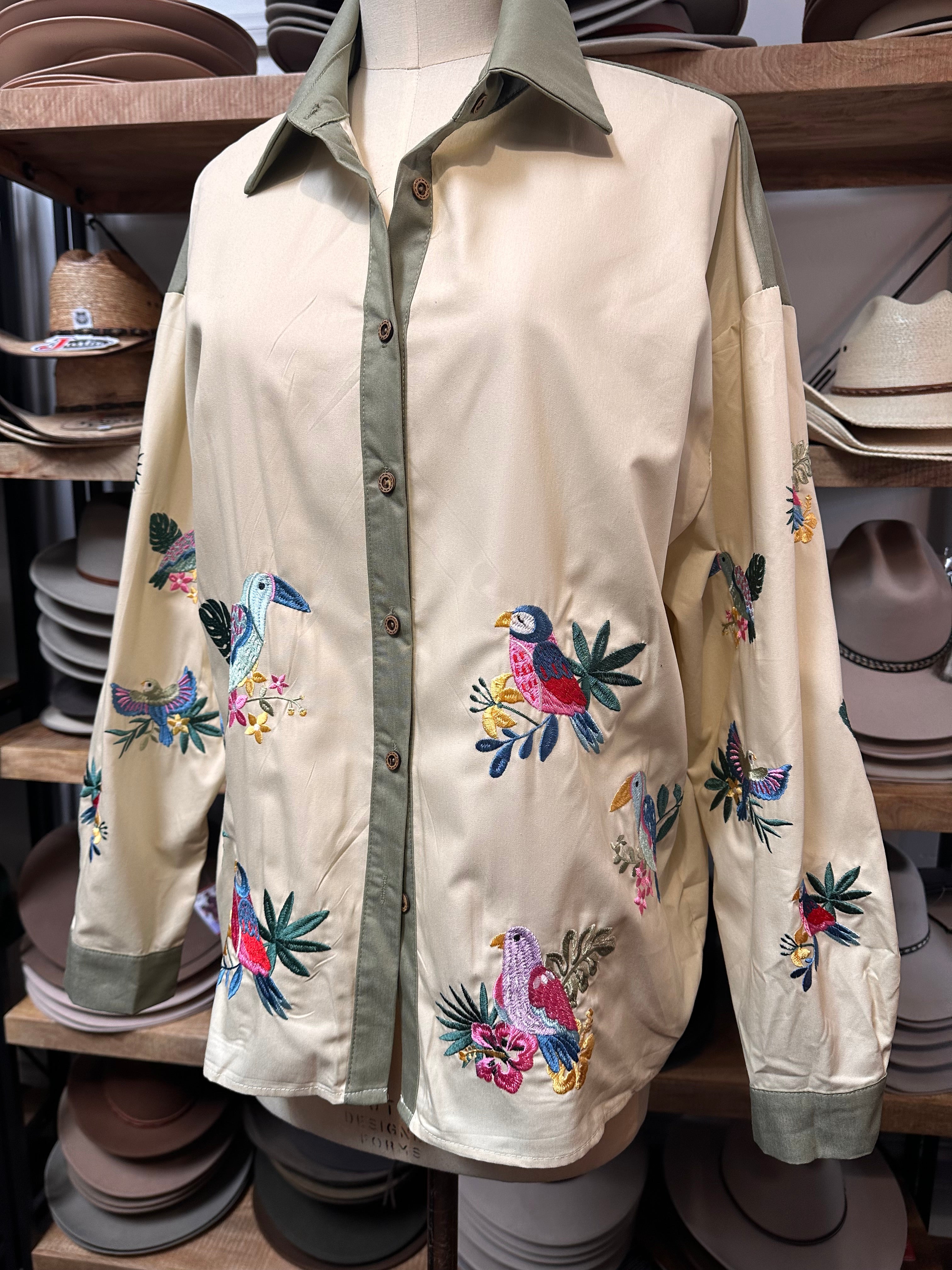 Bird Embroidery Cotton Shirt