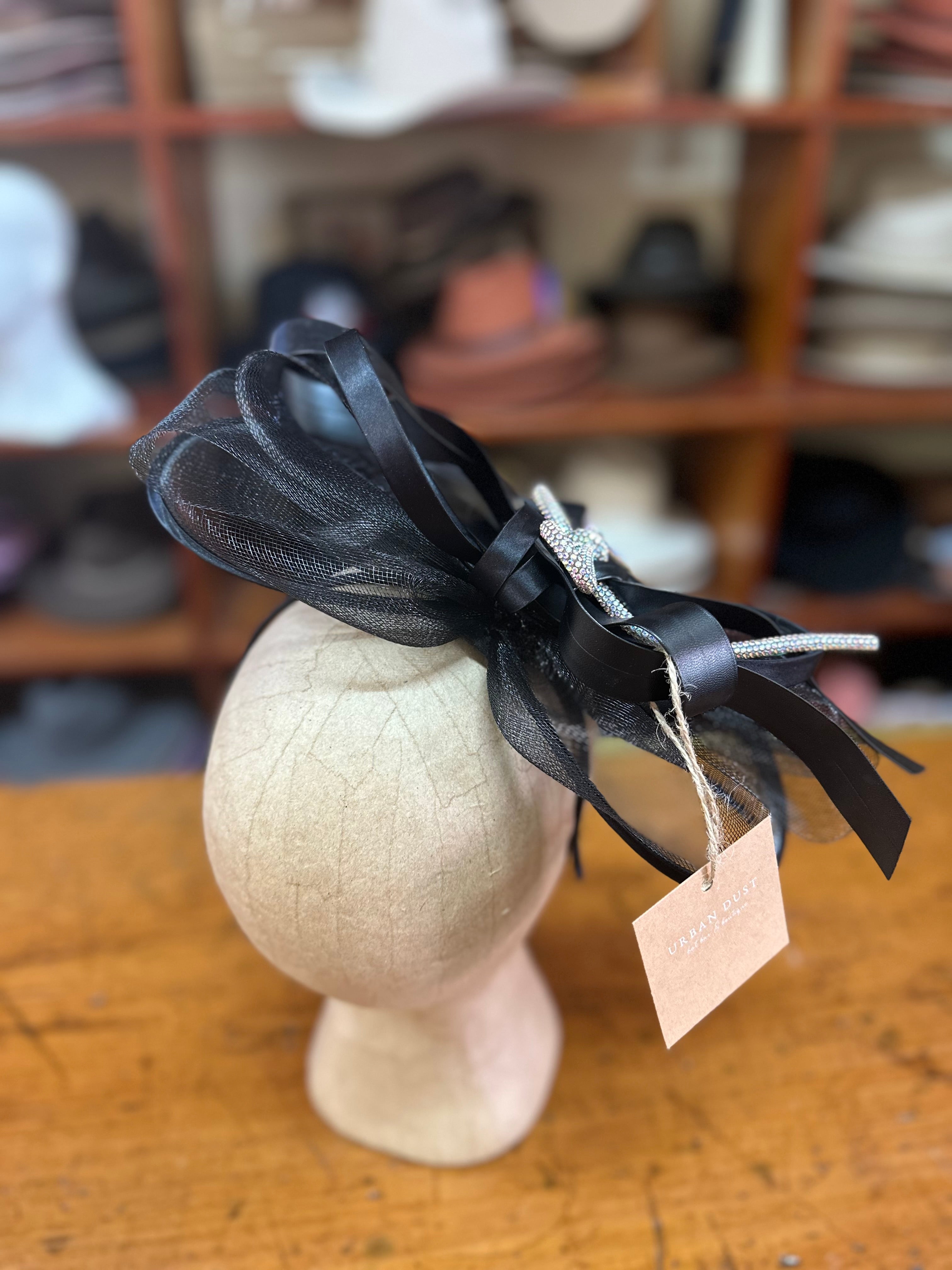 Urban Dust Black Swirl Diamanté Bow Headpiece Fascinator
