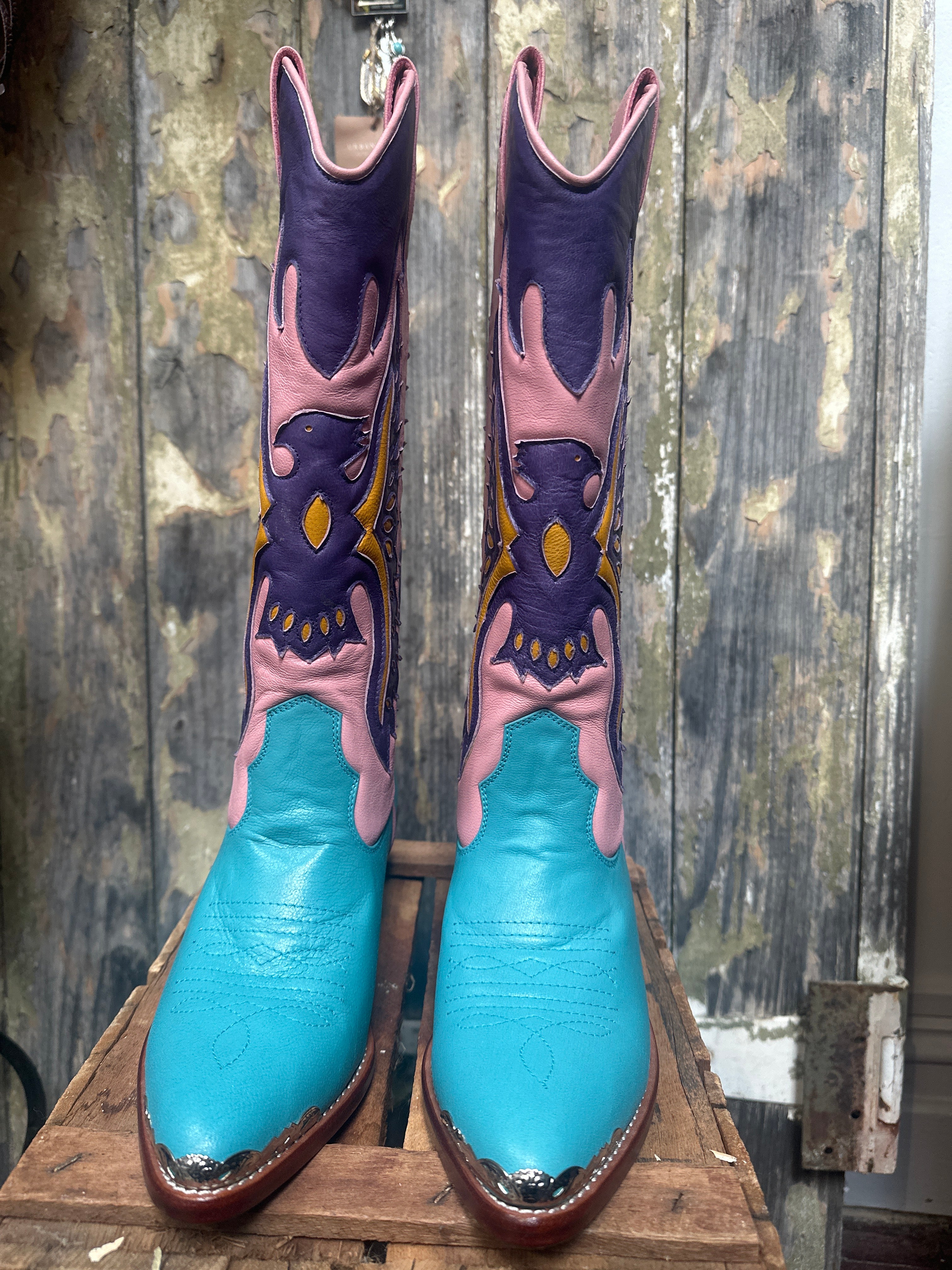 Eagle Detail Hand Made Pink Purple Turquoise Cowgirl Boots