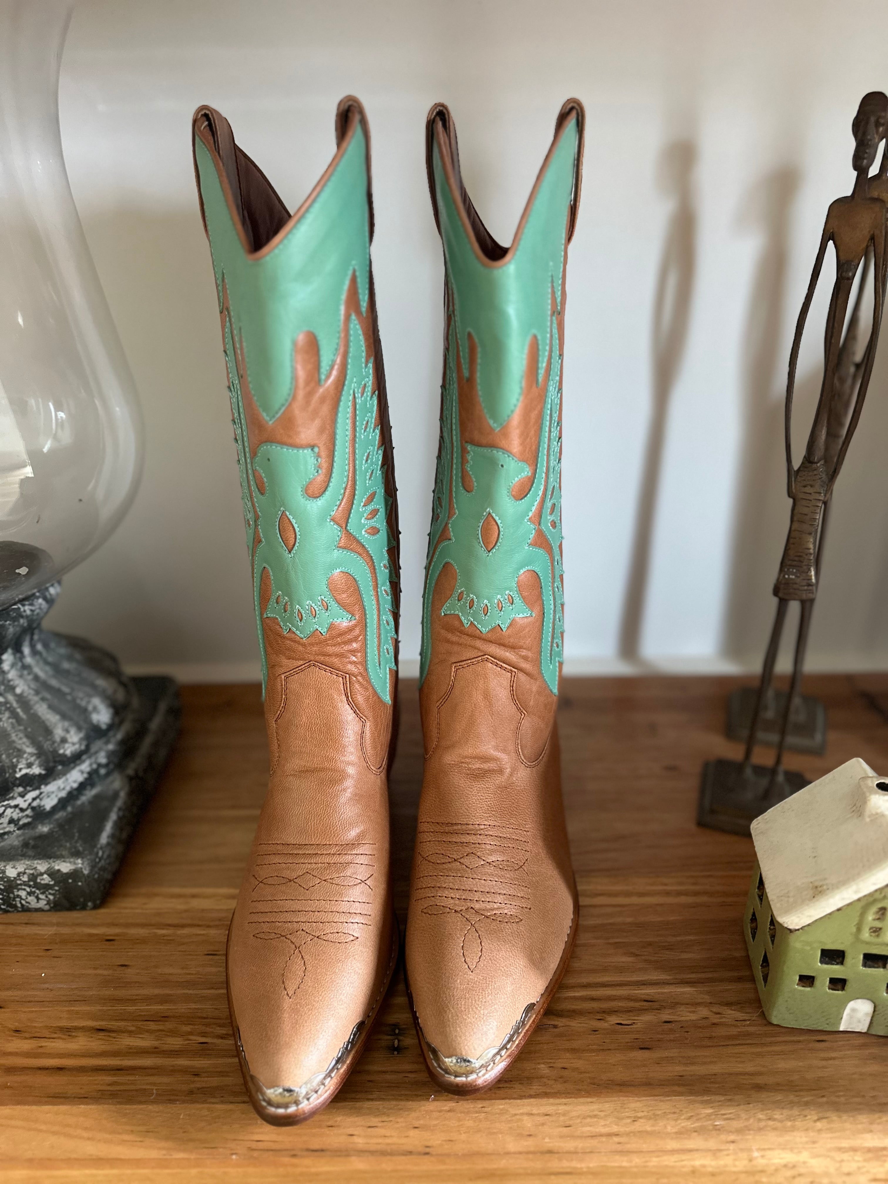 Eagle Handmade Tan & Turquoise Cowgirl Boots