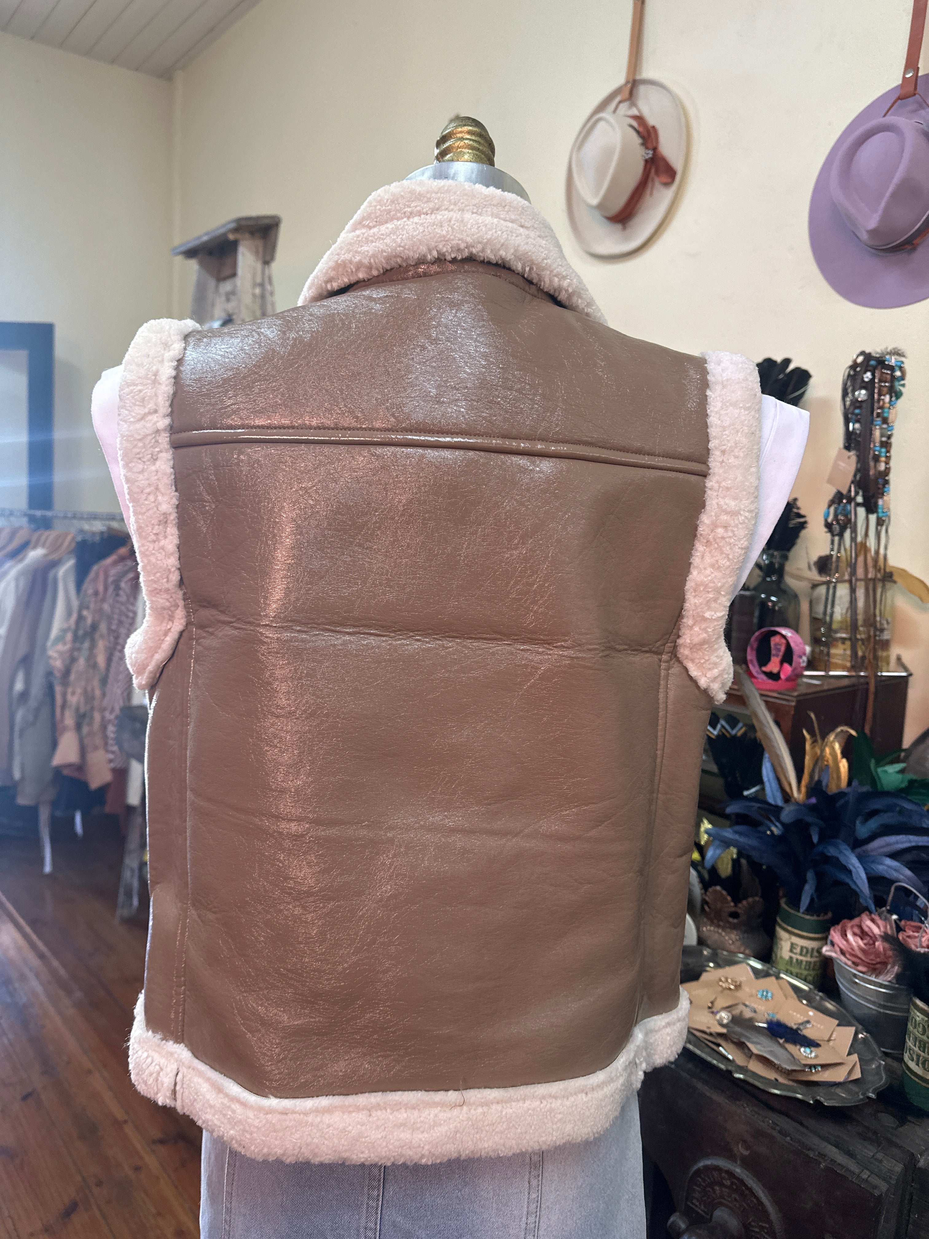 Blue B Faux Leather Sherling Moto Jacket Vest Tan