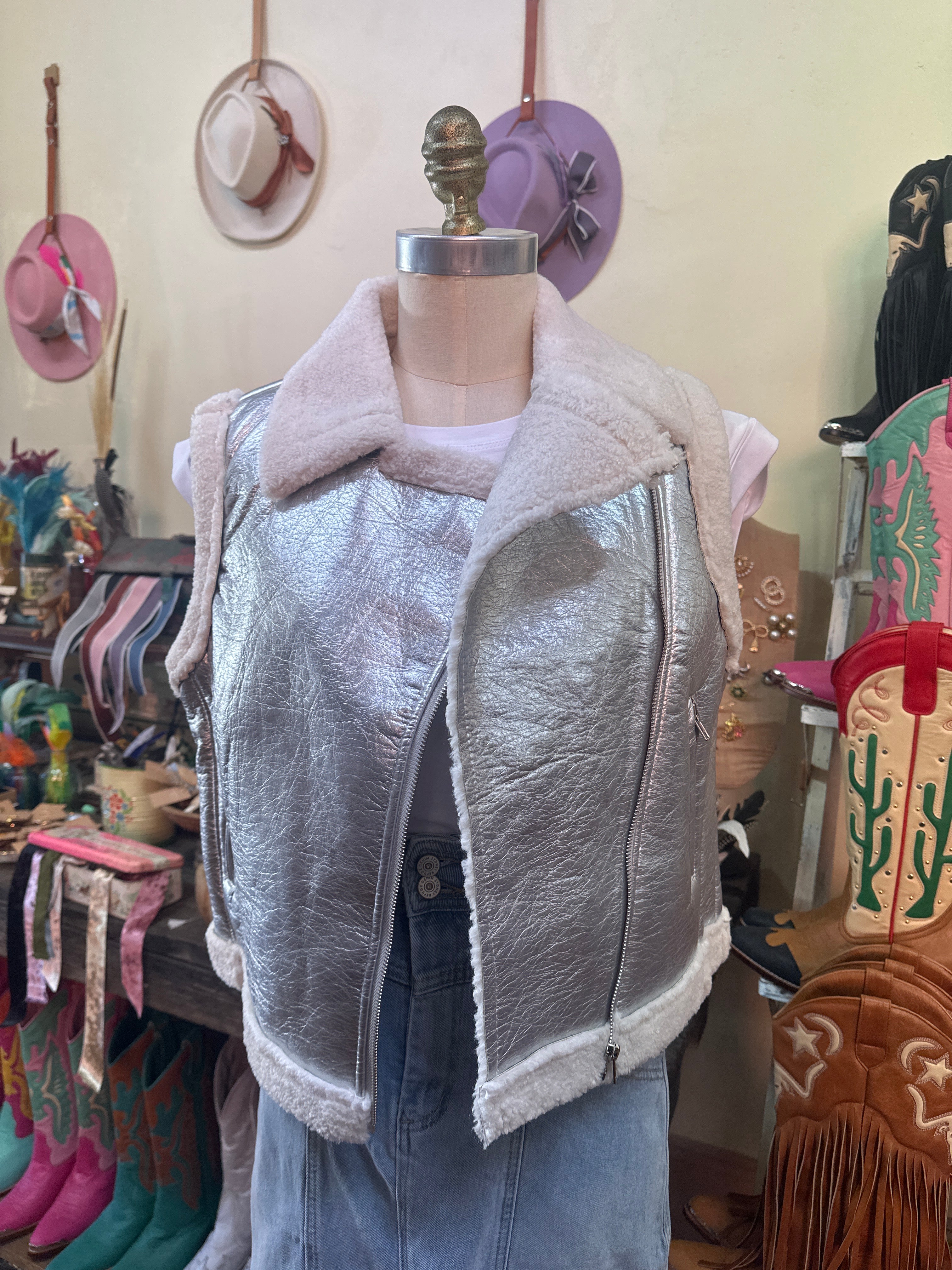 Blue B Faux Leather Sherling Moto Jacket Vest Silver