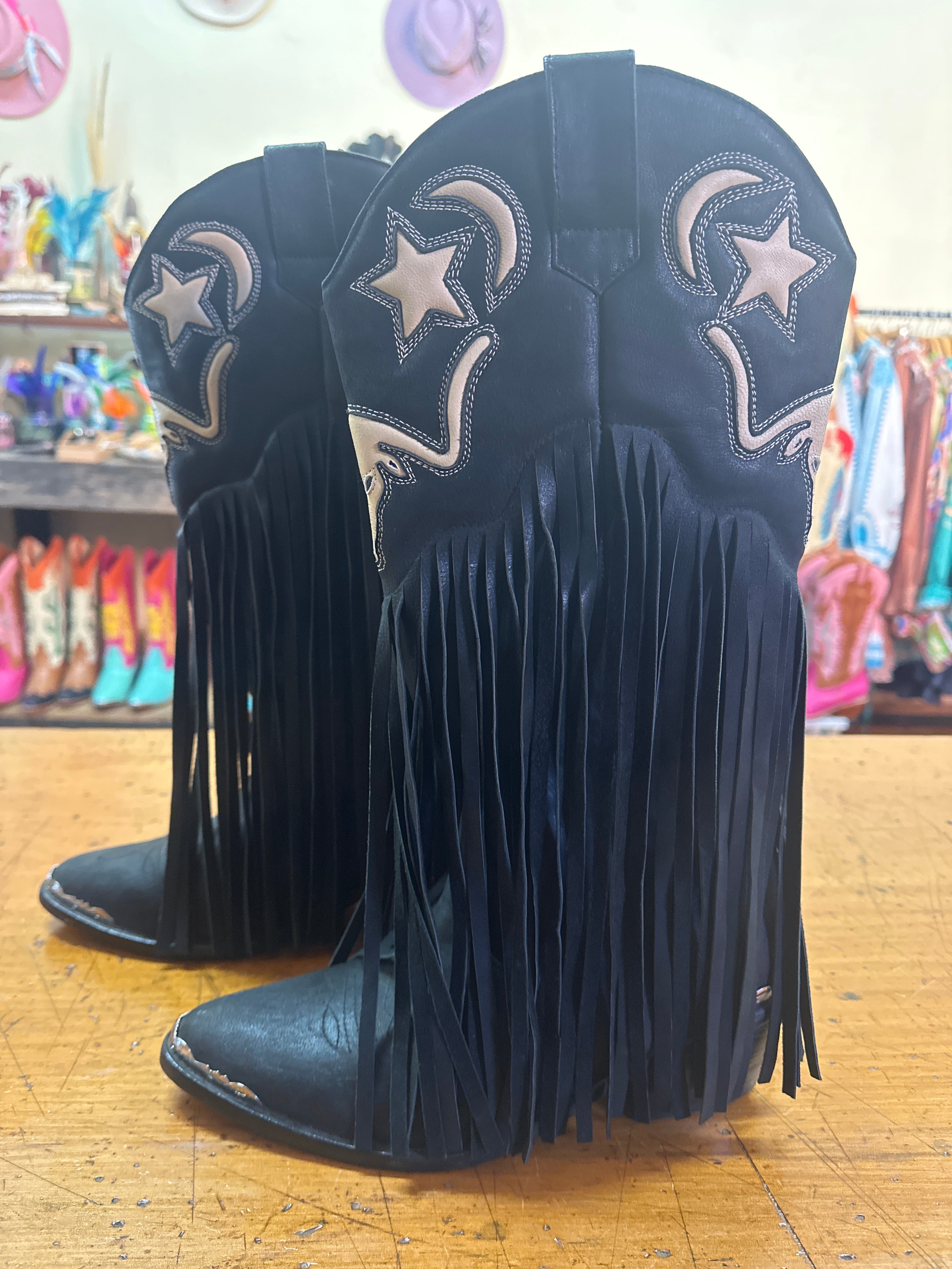 Longhorn Tassel Leather Cowgirl Boots Black