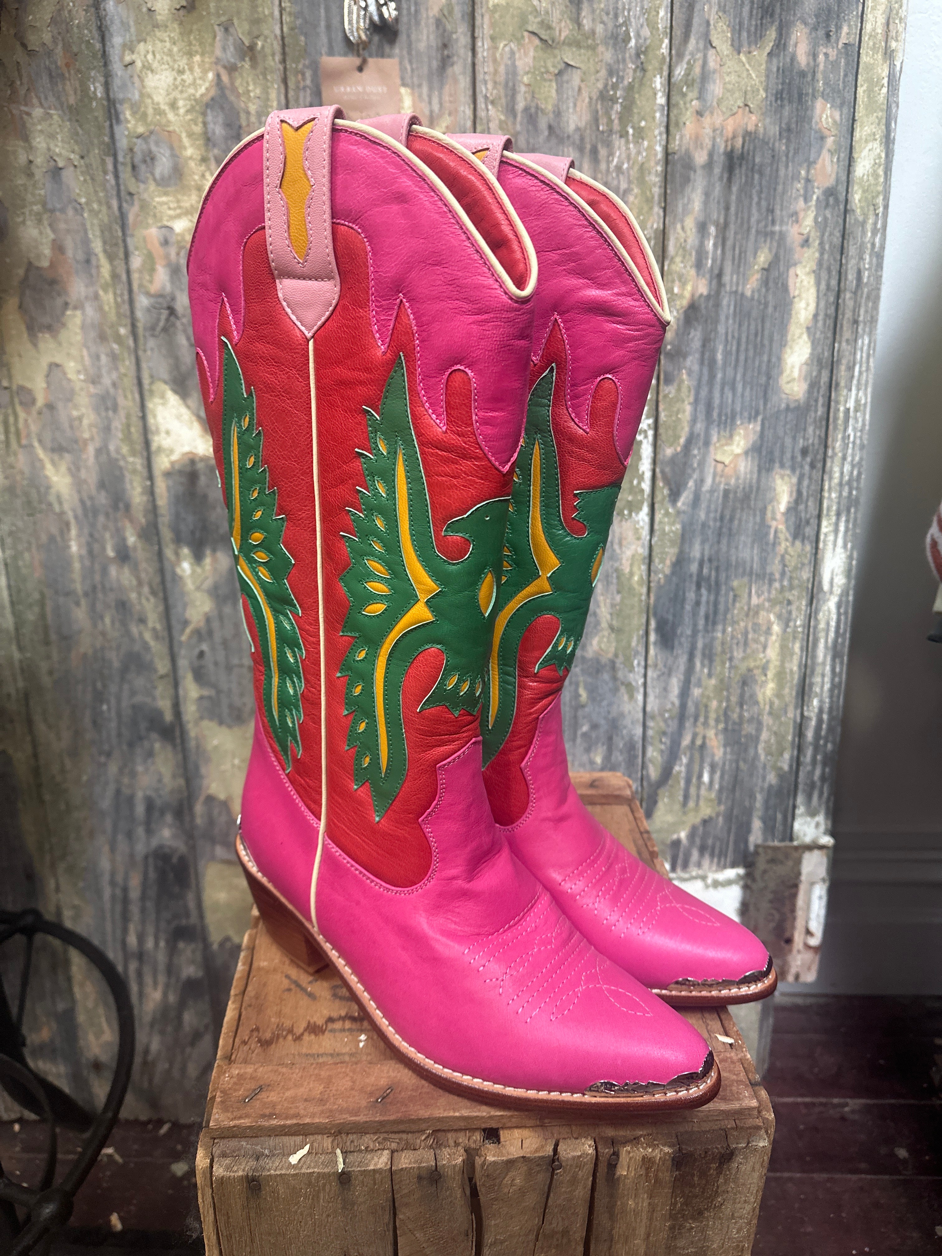 Eagle Detail Hand Made Pink Red Green Cowgirl Boots