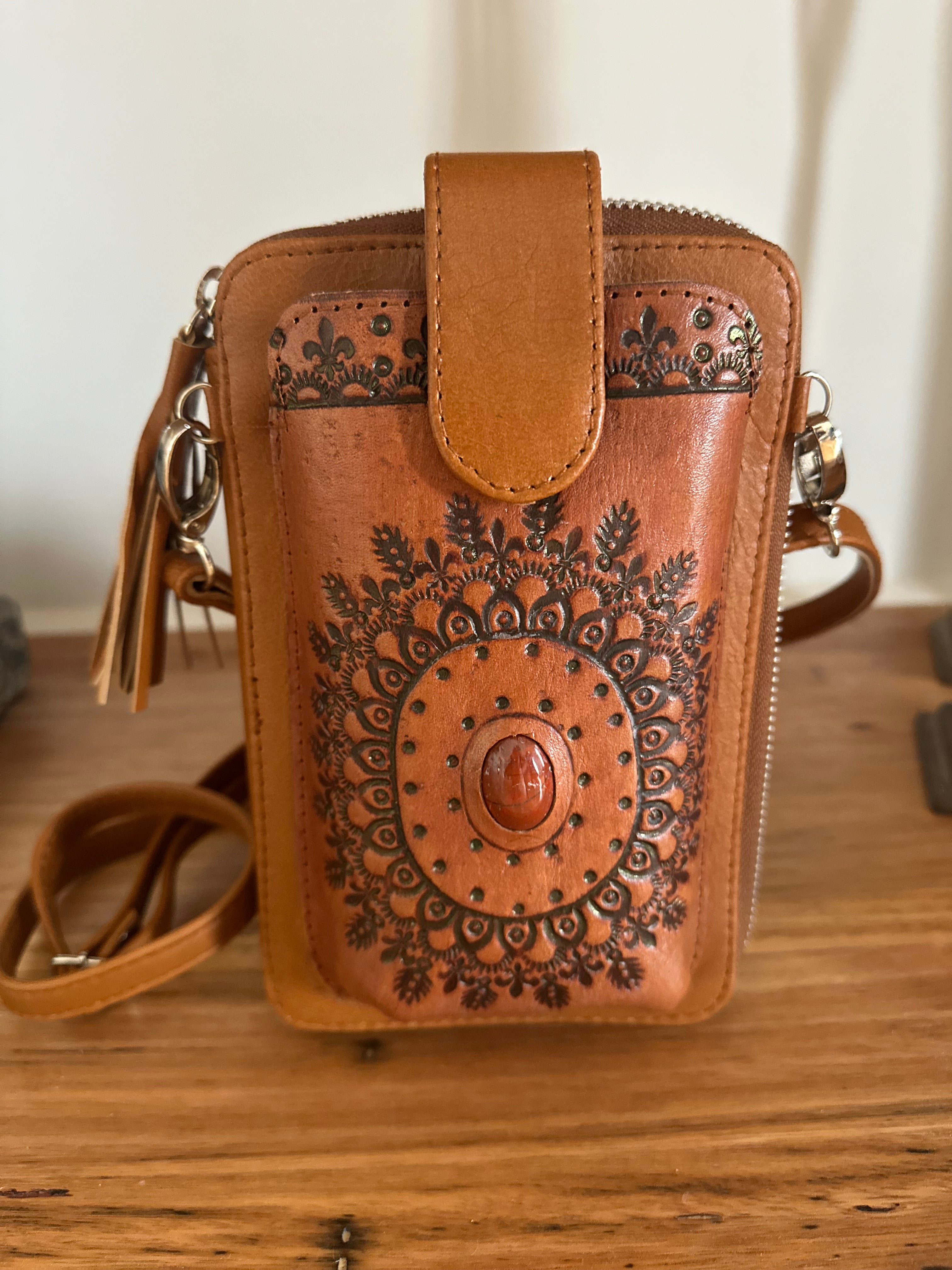 Handmade tooled leather wallet bag with detailed phone holder and real stone detail - Tan