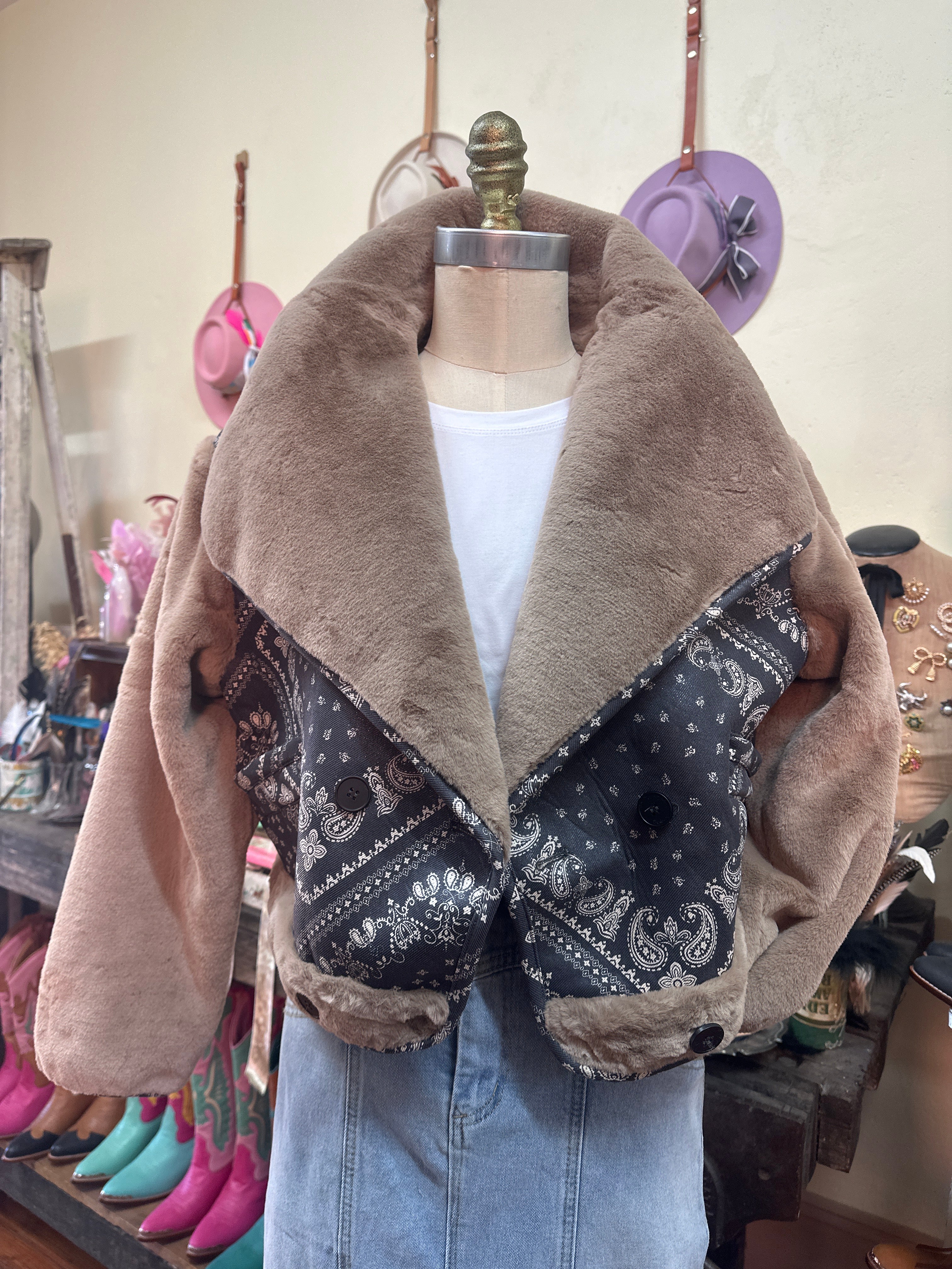 Blue B. Fur Contrast Bandanna Double Breasted Crop Jacket