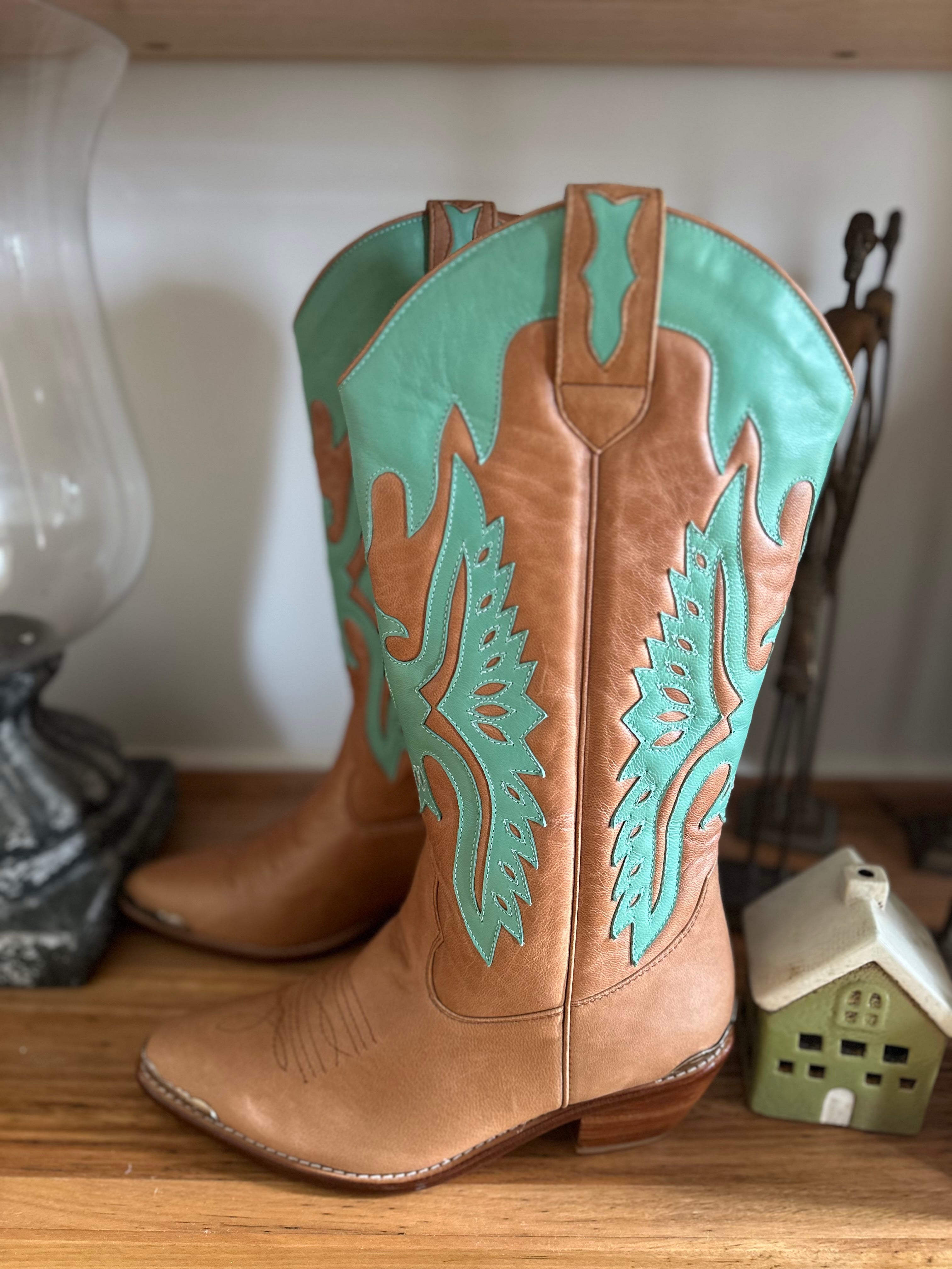 Eagle Handmade Tan & Turquoise Cowgirl Boots