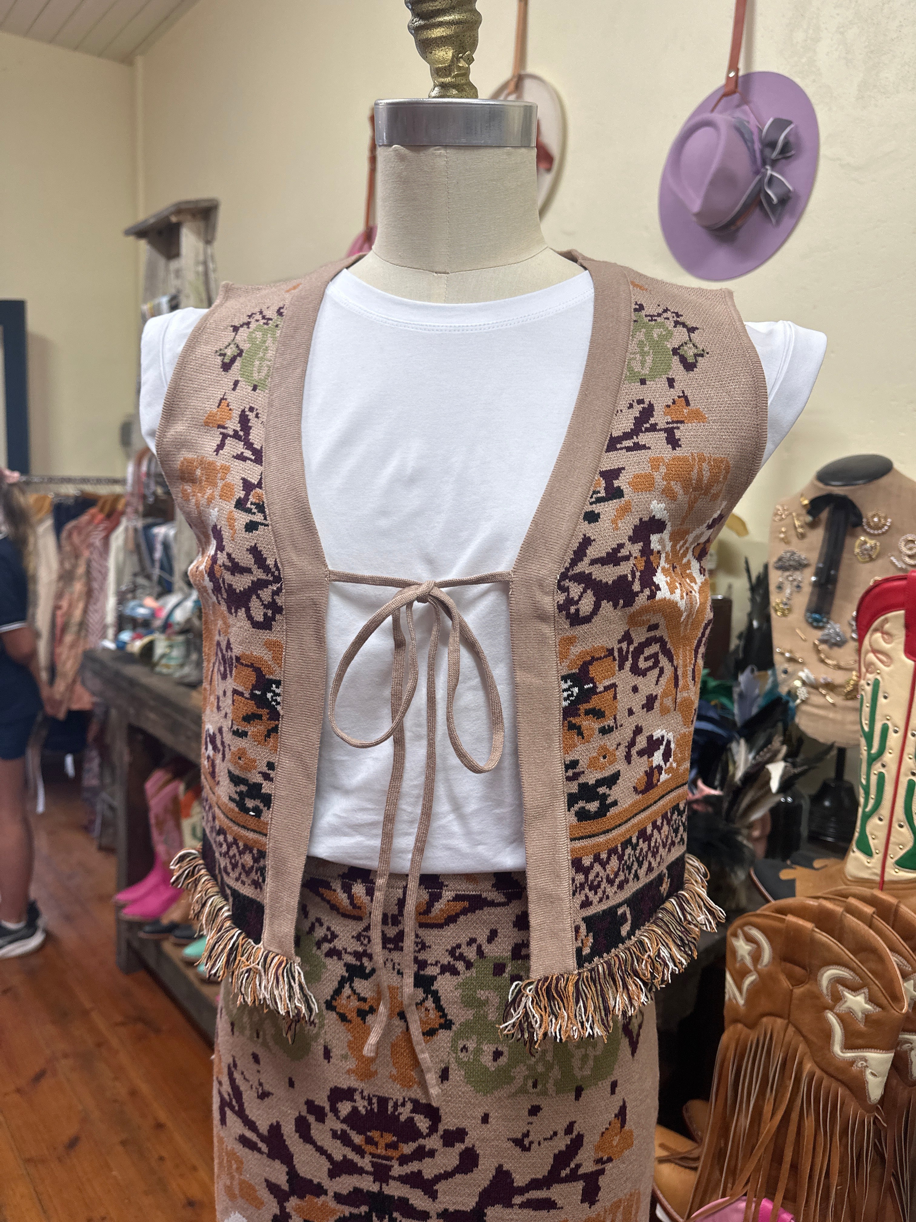 Blue B. Ethnic Pattern Fringe Vest
