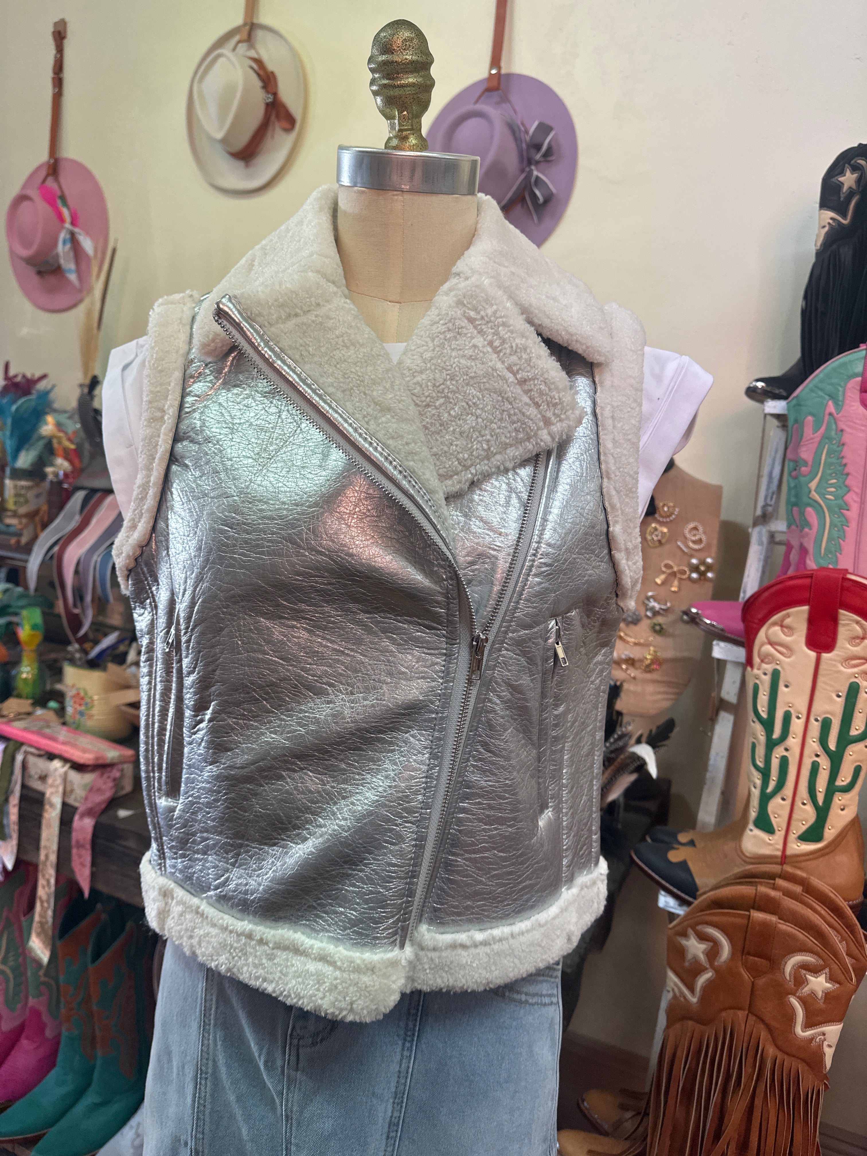 Blue B Faux Leather Sherling Moto Jacket Vest Silver