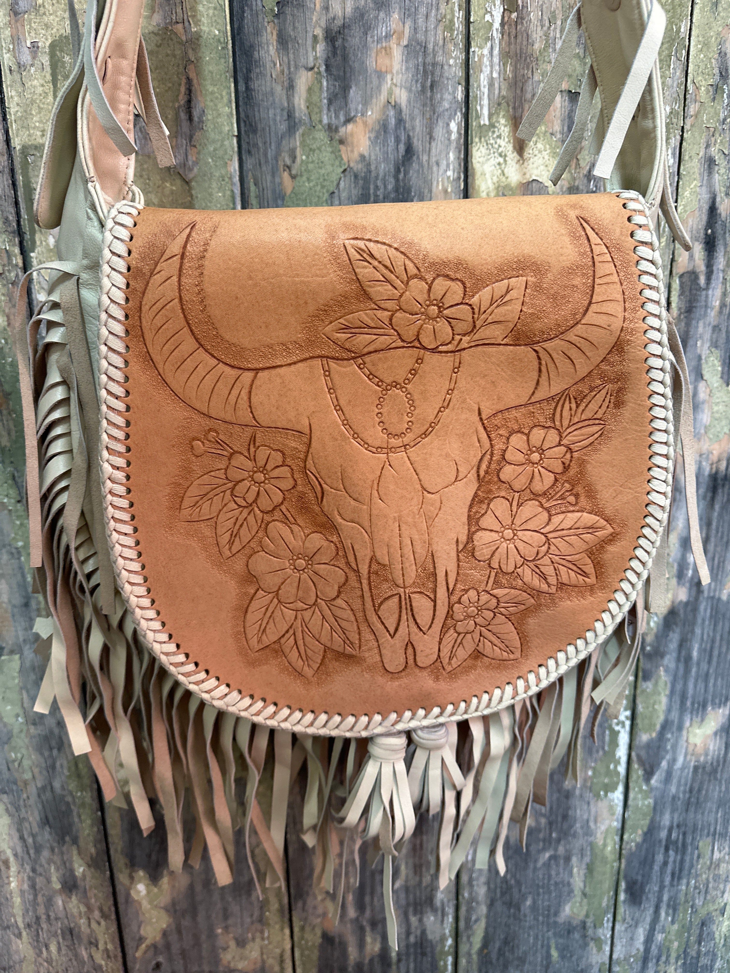 Urban Dust Hand Etched Longhorn Leather Fringe Bag