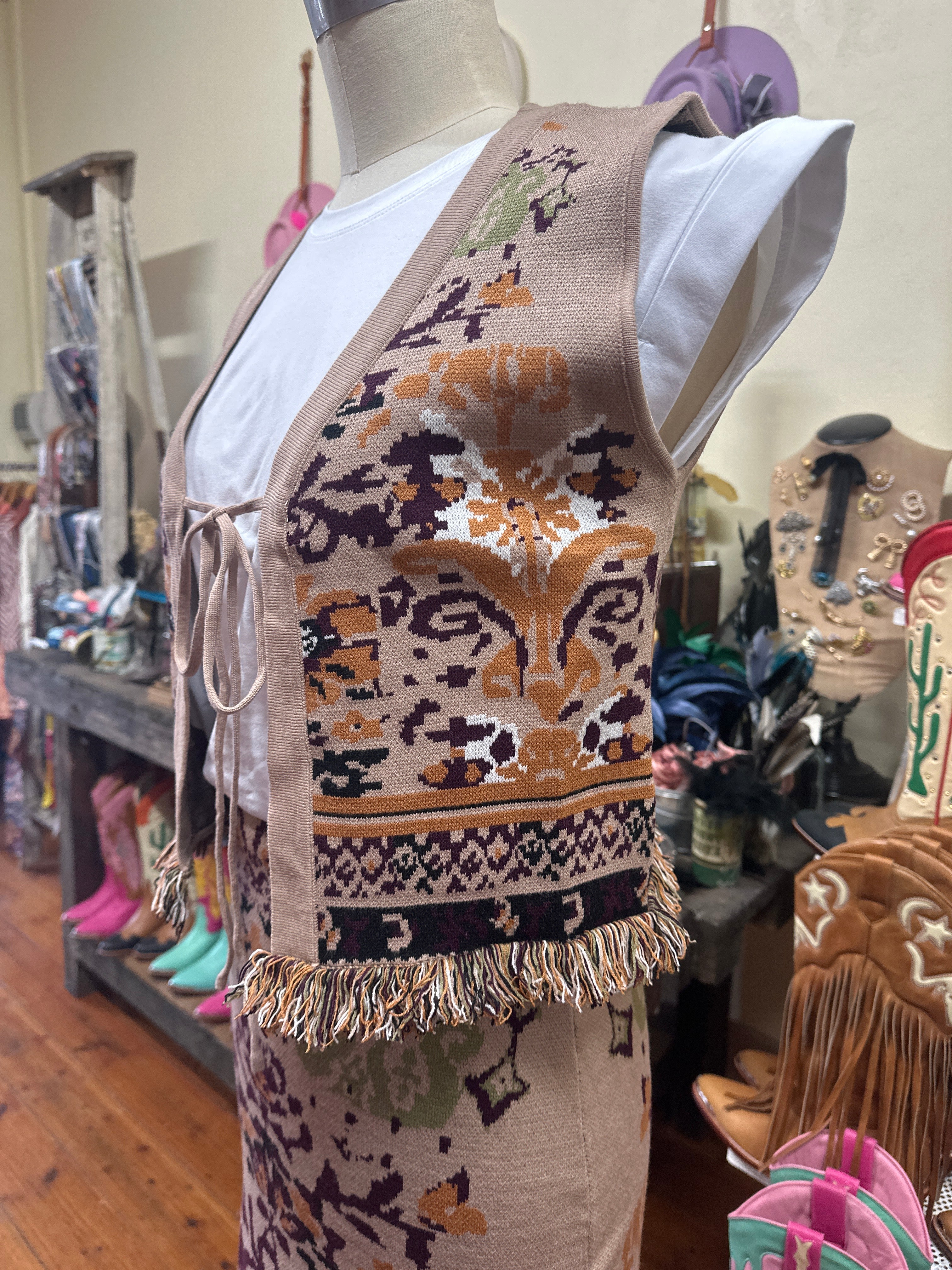 Blue B. Ethnic Pattern Fringe Vest