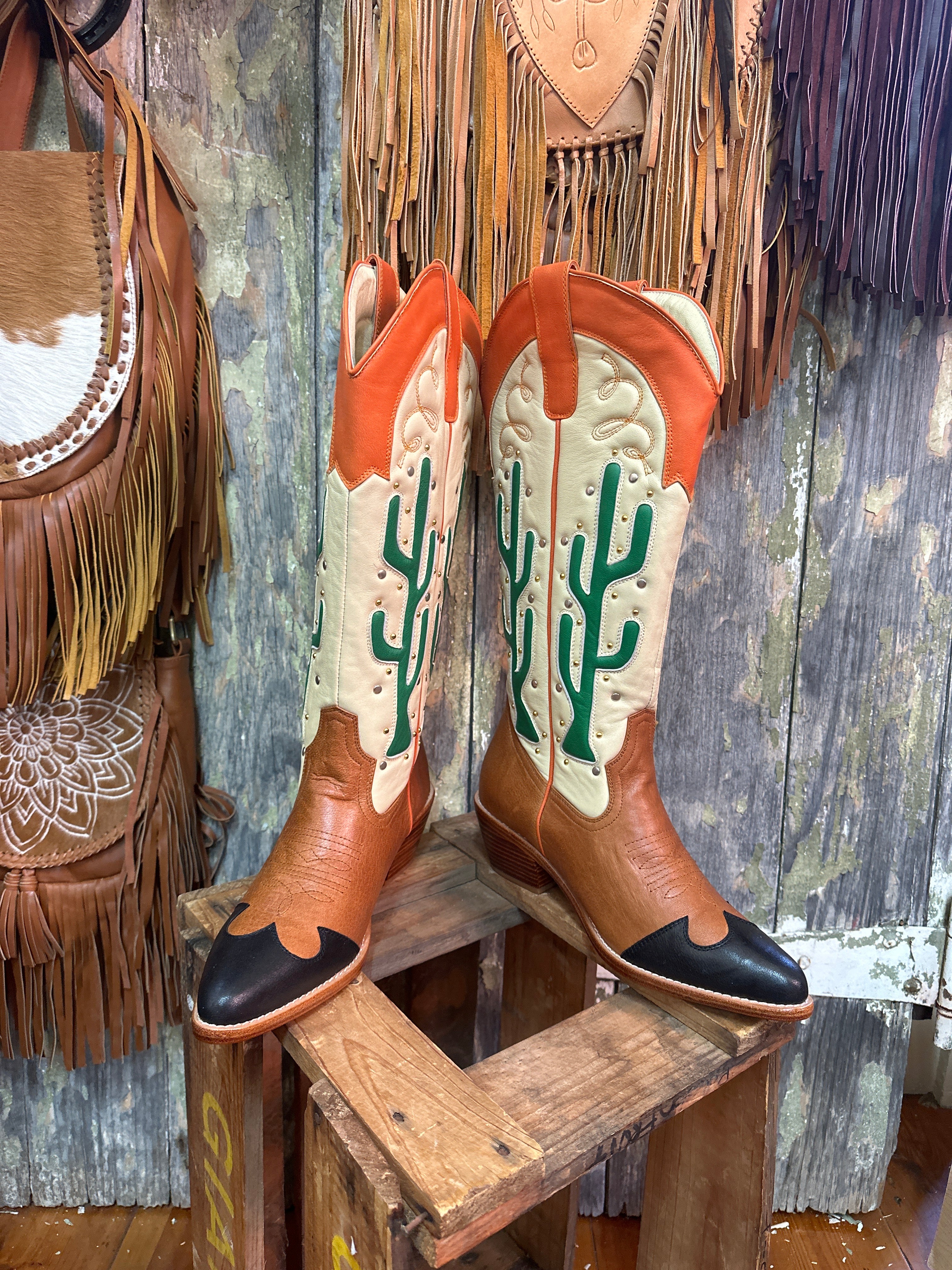 Cactus Handmade Leather Cowgirl Boots Tan Orange