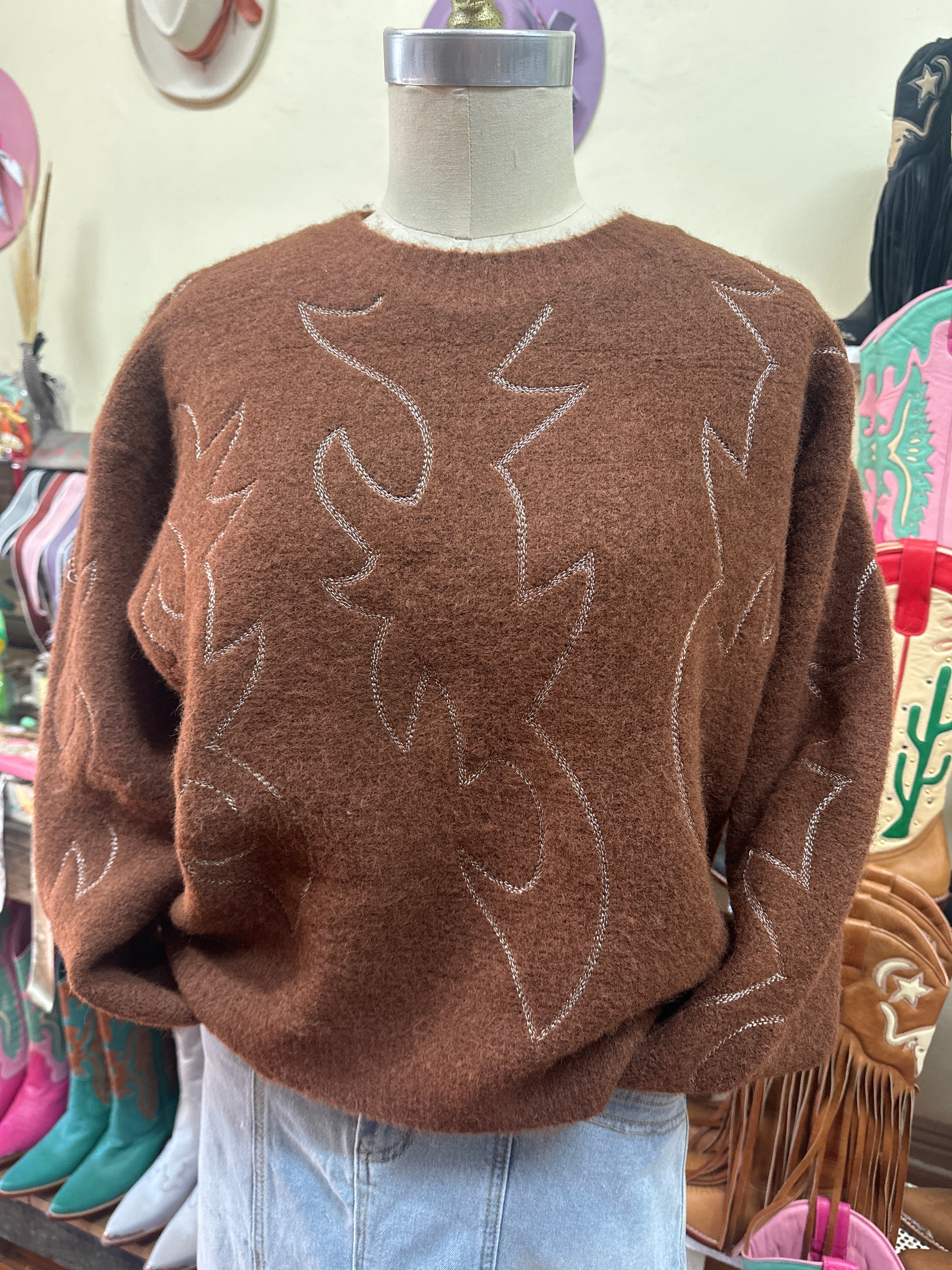 Blue B. Western Boot Stitch Crew Neck Sweater
