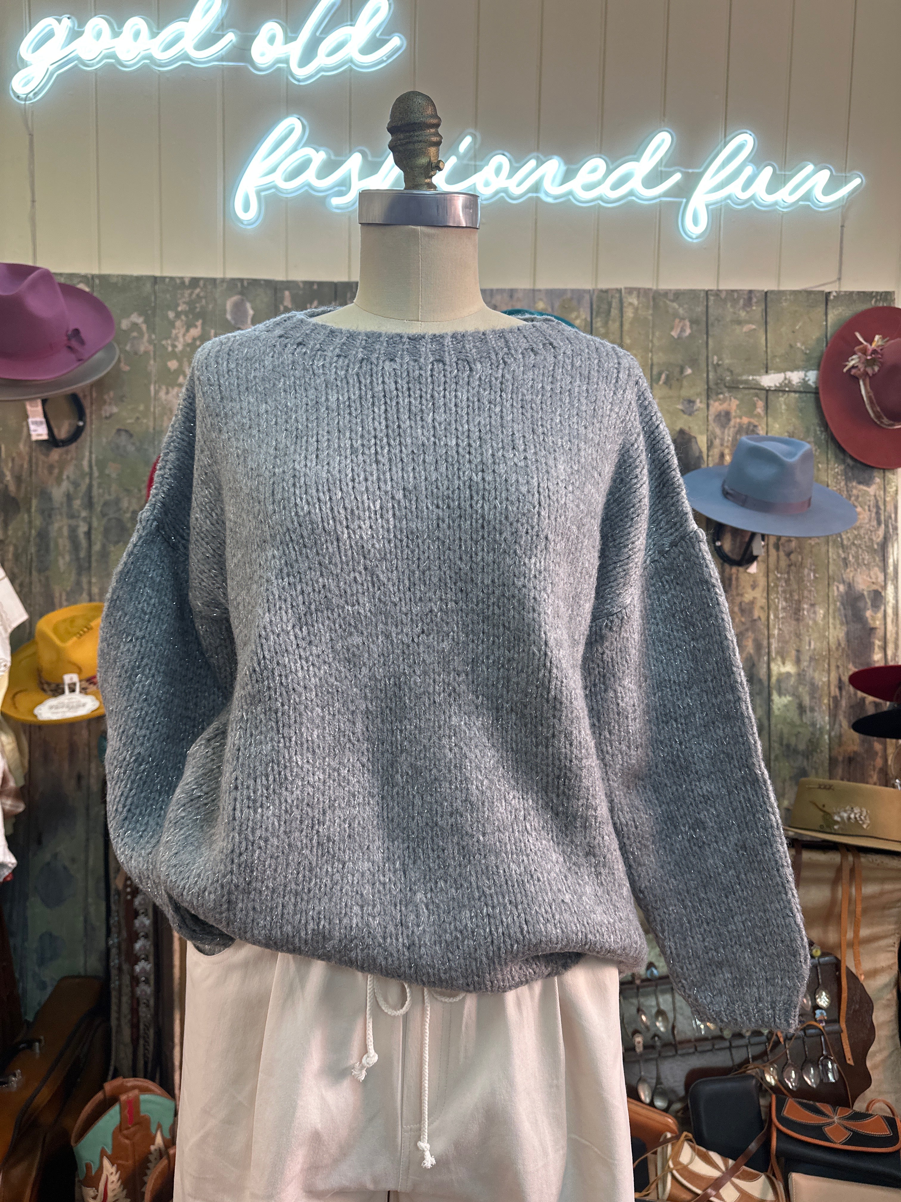 Aggel Blue Lurex Detail Grey Marle Jumper - Made In Greece