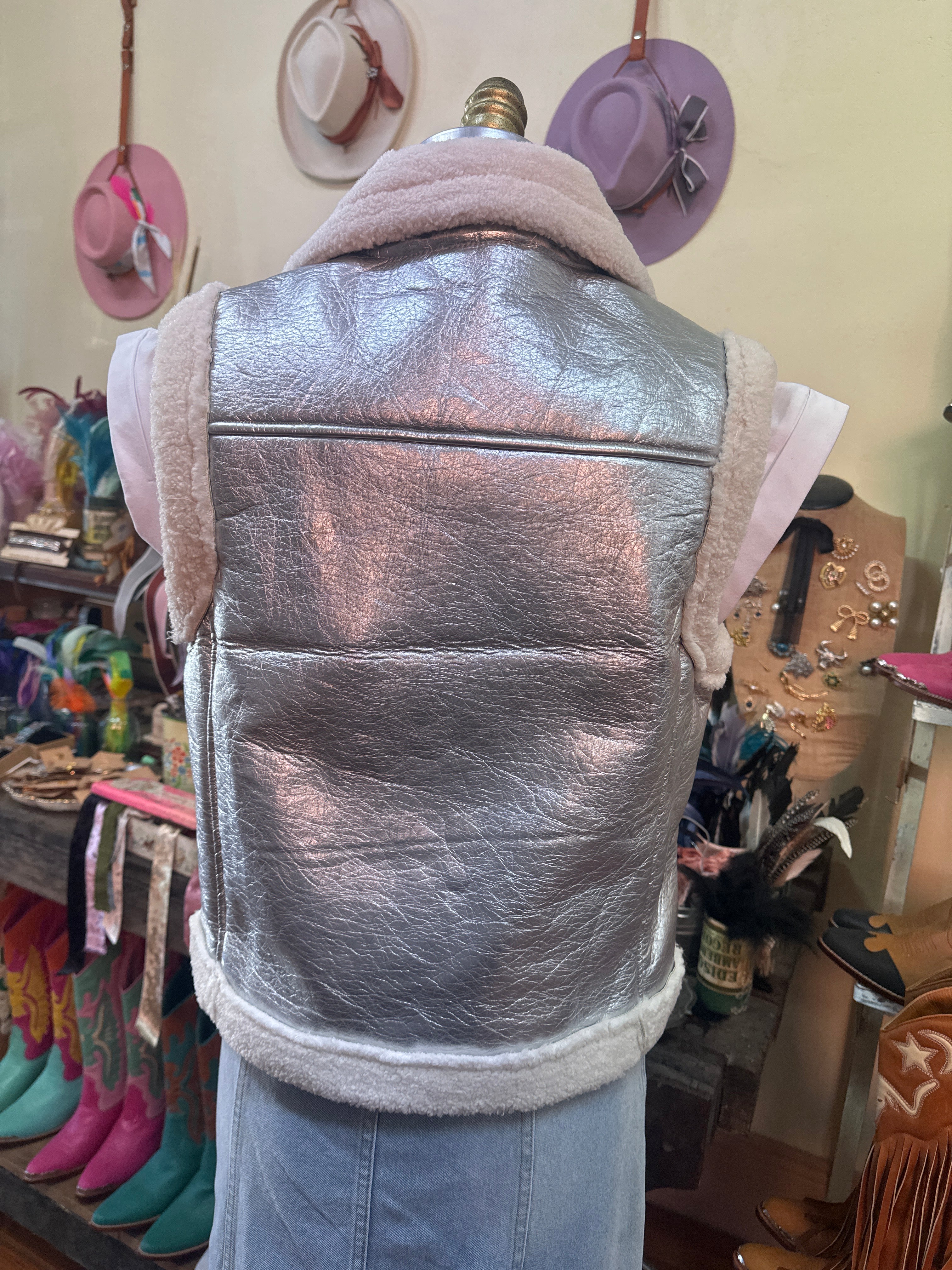 Blue B Faux Leather Sherling Moto Jacket Vest Silver